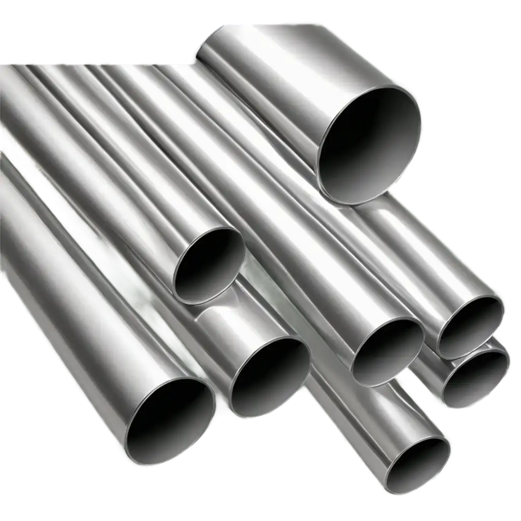 several metal pipes of different diameters and sections, shiny new metal pipes