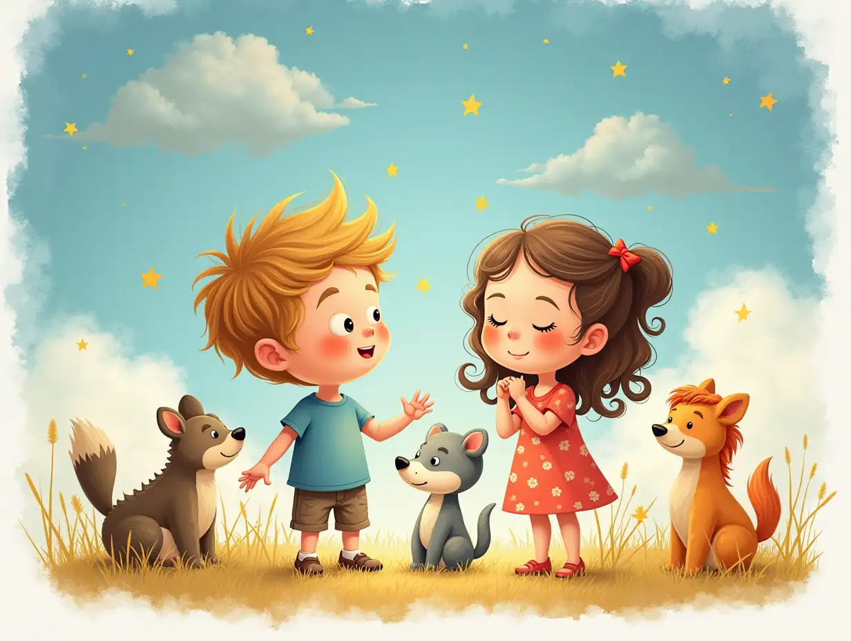 Coming up with 20 prompts for illustrations for children, focusing on a world of dreams. 1. Center around 4-5 year old kids. 2. Focus on both boy and girl children. 3. Place cute animals around them.