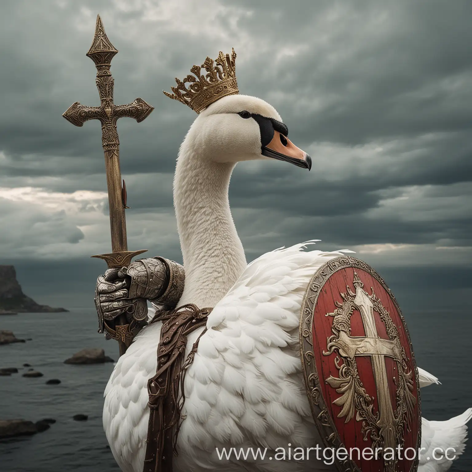 Majestic-Denmark-Warrior-Swan-in-Viking-Armor-with-Coastal-Background