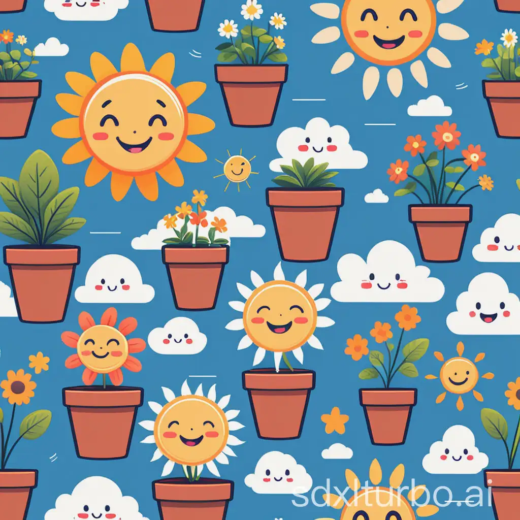 Cute-CartoonStyle-Plant-Illustrations-with-Smiling-Flowers-Potted-Plants-Sun-and-Clouds