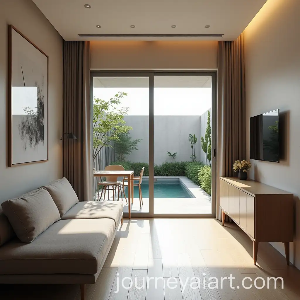 Elegant-Minimalist-Small-Room-with-Sliding-Glass-Door-and-Pool-View