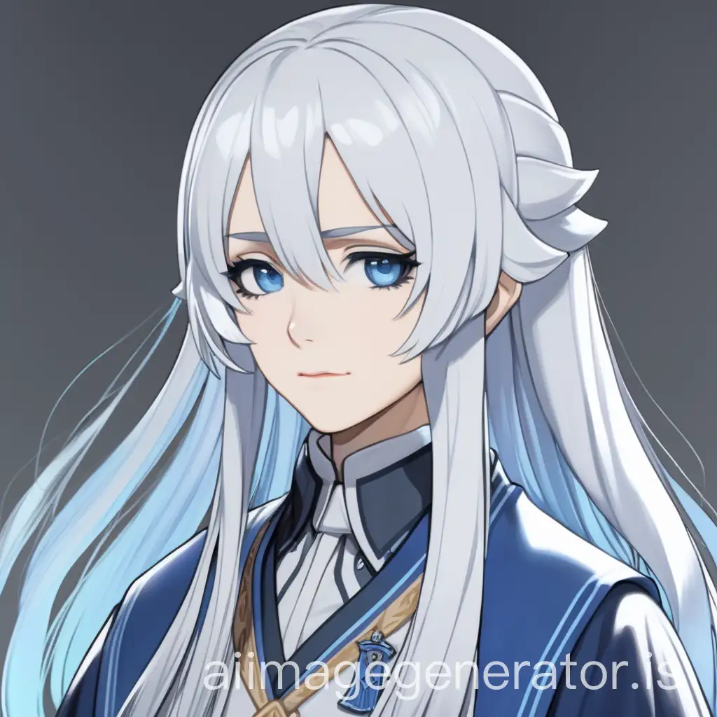 A 2D woman with white hair and blue eyes, wearing somewhat modernized scholar clothing