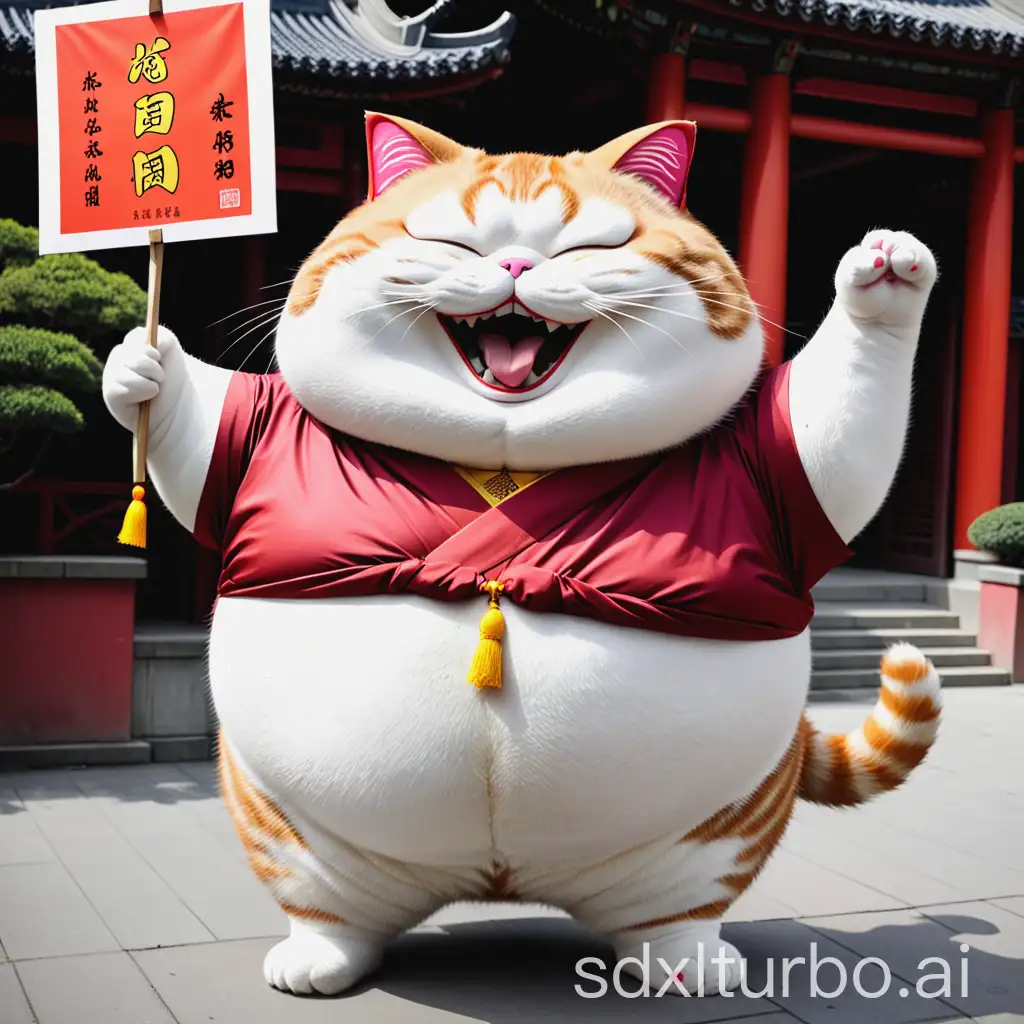 Fat cat holding up a sign that says 'Xie Tian Yuan Happiness'