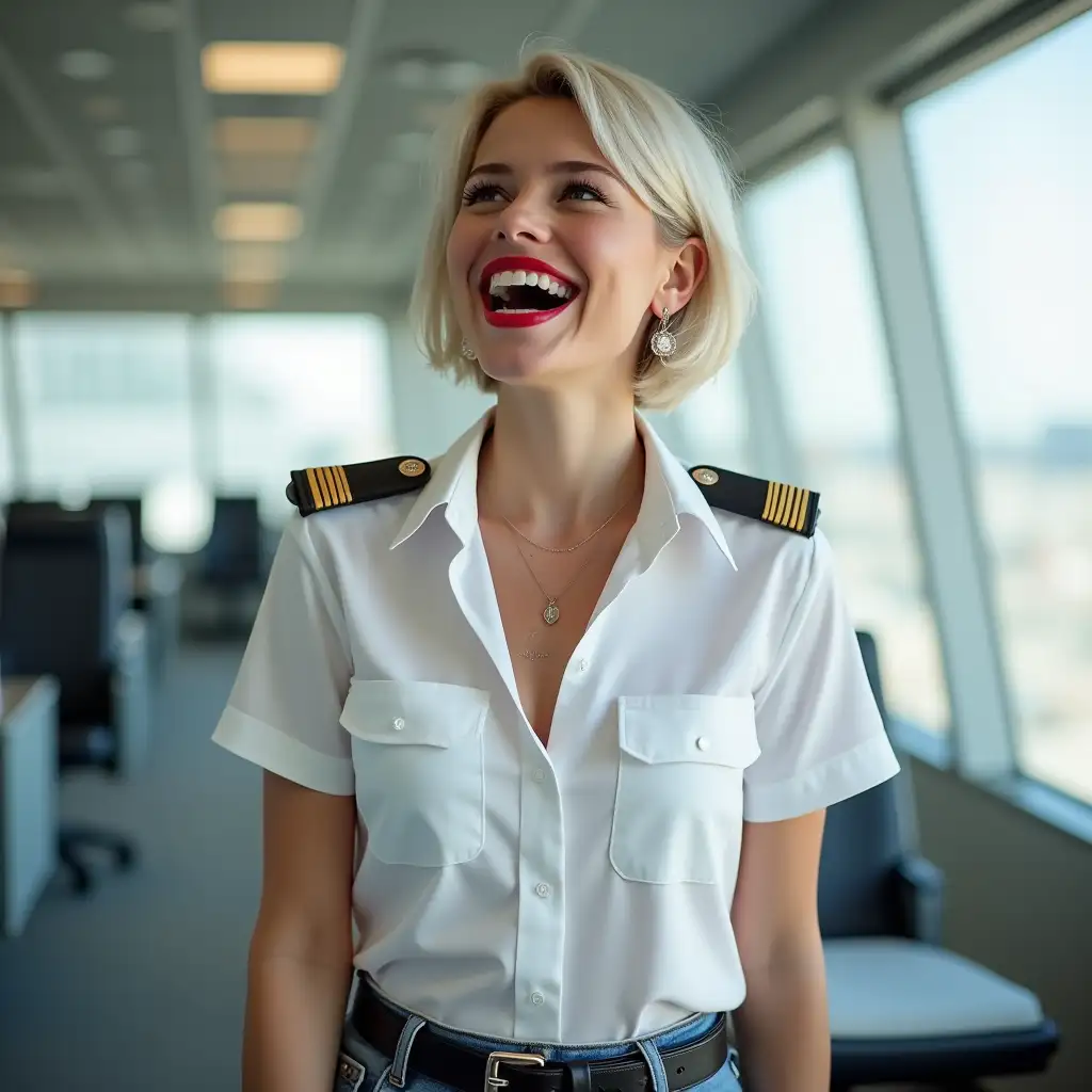 white norvegian pilot lady, in white deep-necked pilot shirt, laughing with her mouth open, red lipstick accentuating her smile,belt on waist, big wide hips, chest are fully grown, jewerly, short hair, HD, enjoying at airport , photo-realism