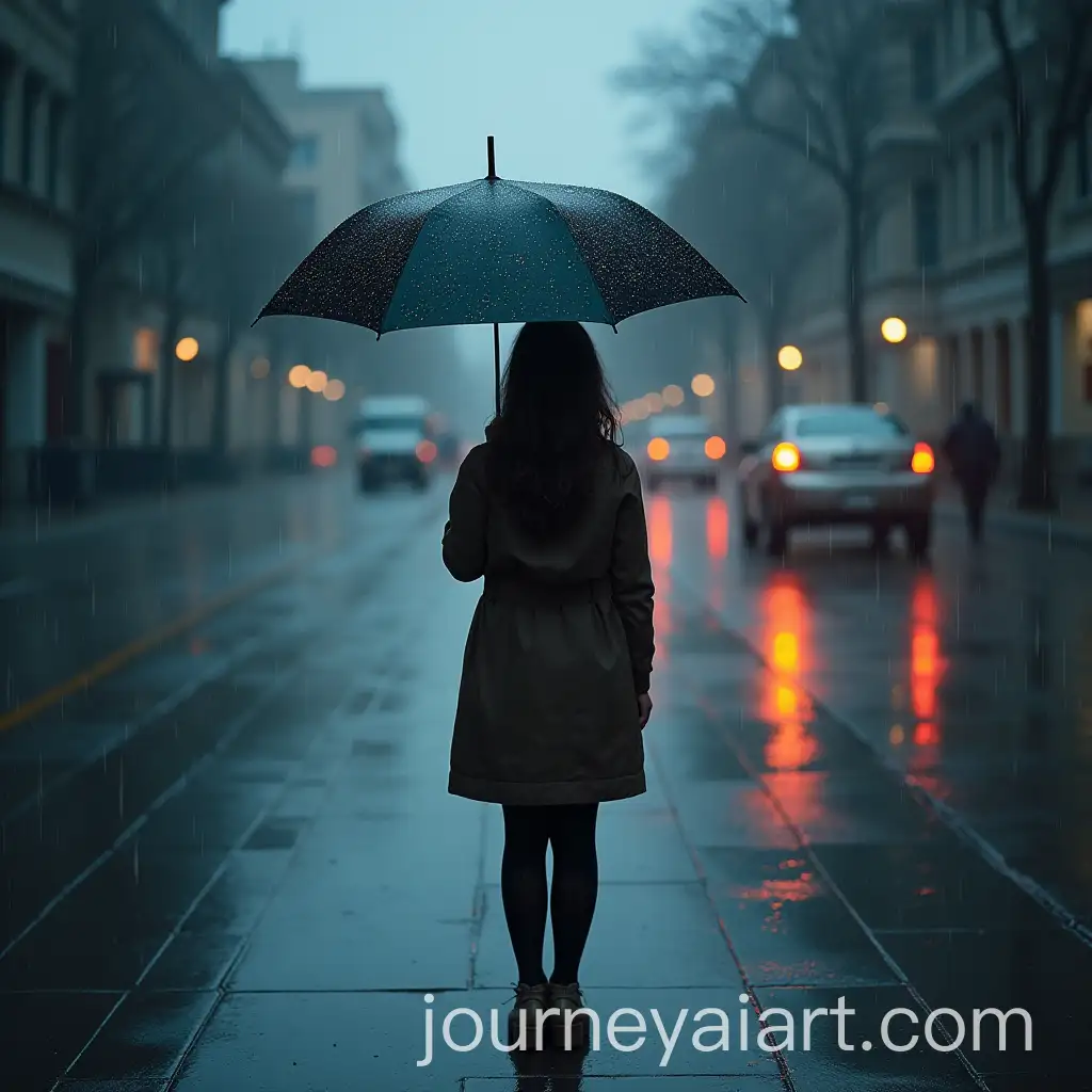 Girl-Standing-withAI-Image-Prompt-Expansion-Umbrella-in-Rainy-Scene