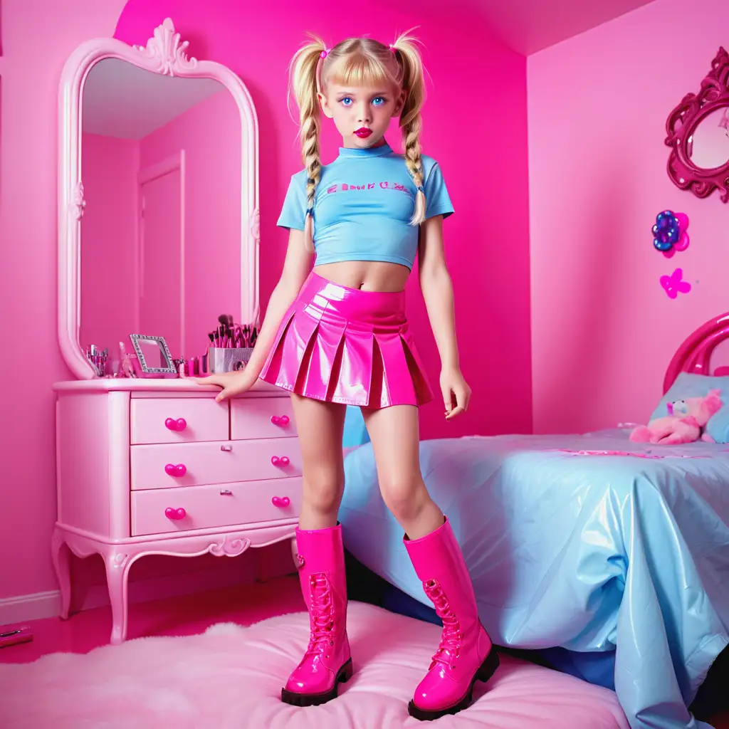 Blond-Preteen-Girl-with-Pink-PVC-Outfit-Standing-on-Bed-in-Pink-Room