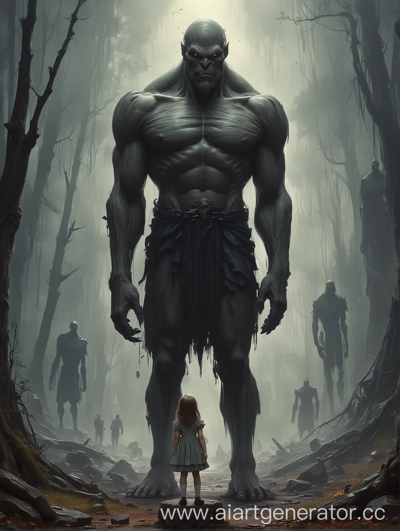 Sits little girl around everywhere evil giant people
