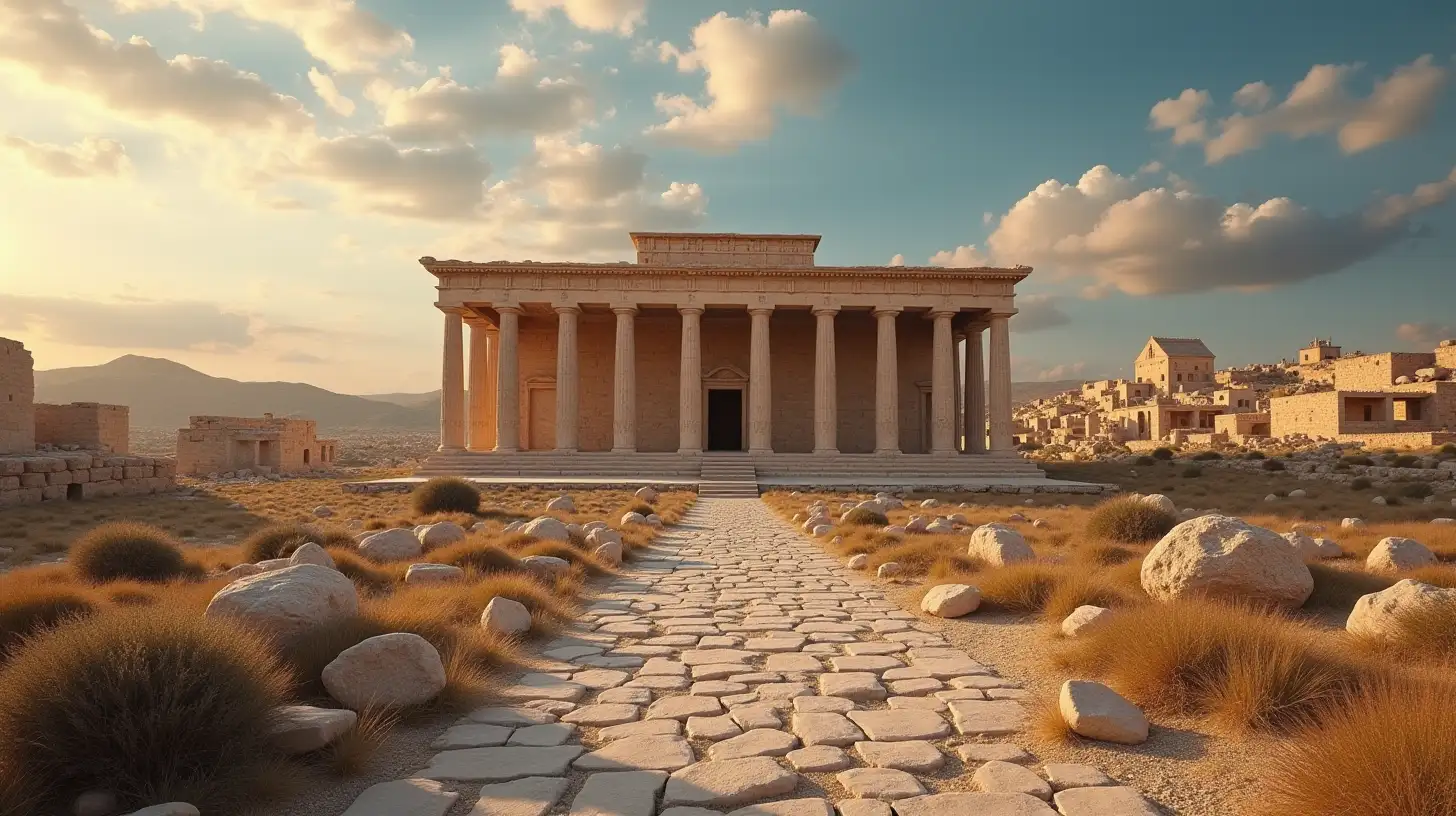 PartiallyBuilt Temple in a Biblical Era Jewish City Under a Dramatic Sky