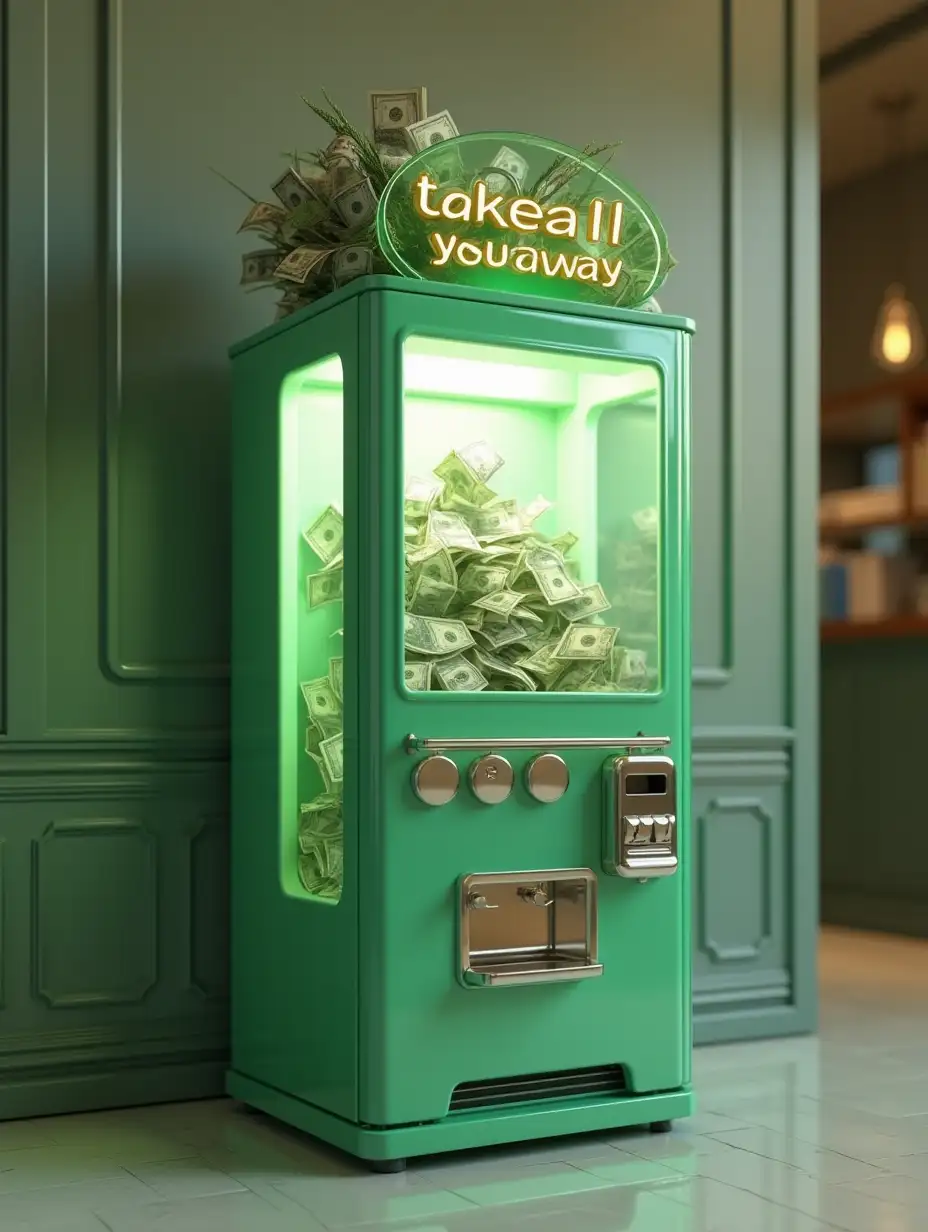 A glossy claw machine in [green colors] standing against the background of [stylish, modern room, blurred]. Inside the vending machine is an ultra-realistic production of [stacks of dollar bills] - [dollar takeaway]. On top of the vending machine is an ultra-realistic bouquet of [dollars]. On the front of the vending machine is a large “[take all you want]” logo. The vending machine has clear glass panels and soft warm lighting inside. The atmosphere is modern, airy and premium. Ultra high quality, ultra detailed, professional 3d rendering.