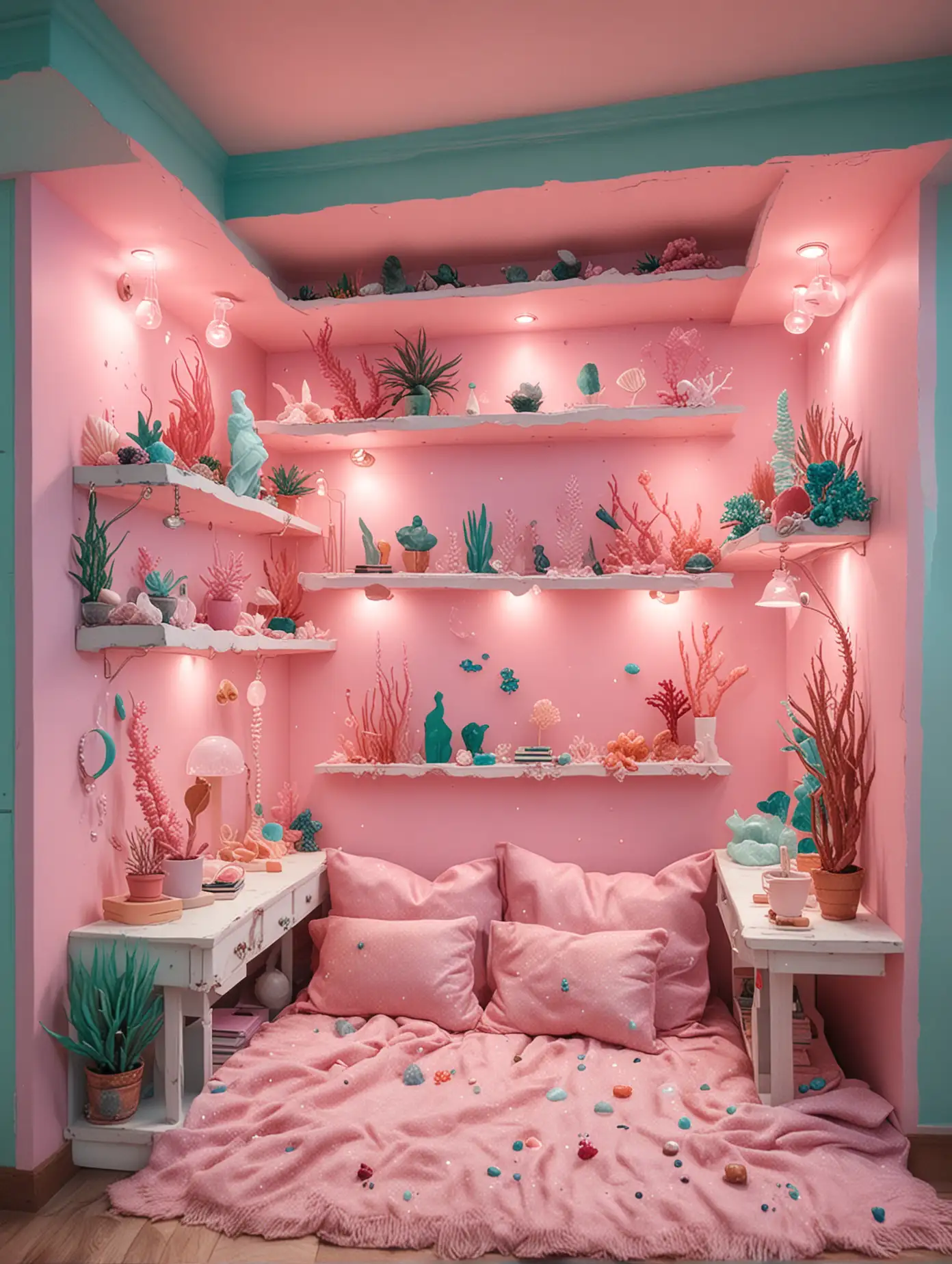 Girl's super cute room under the sea with colorful quartz on the shelf and whole decorated with original furniture and floating algae.  Bright lights. Aesthetic. Realistic. Slightly pink colors. Instagram post