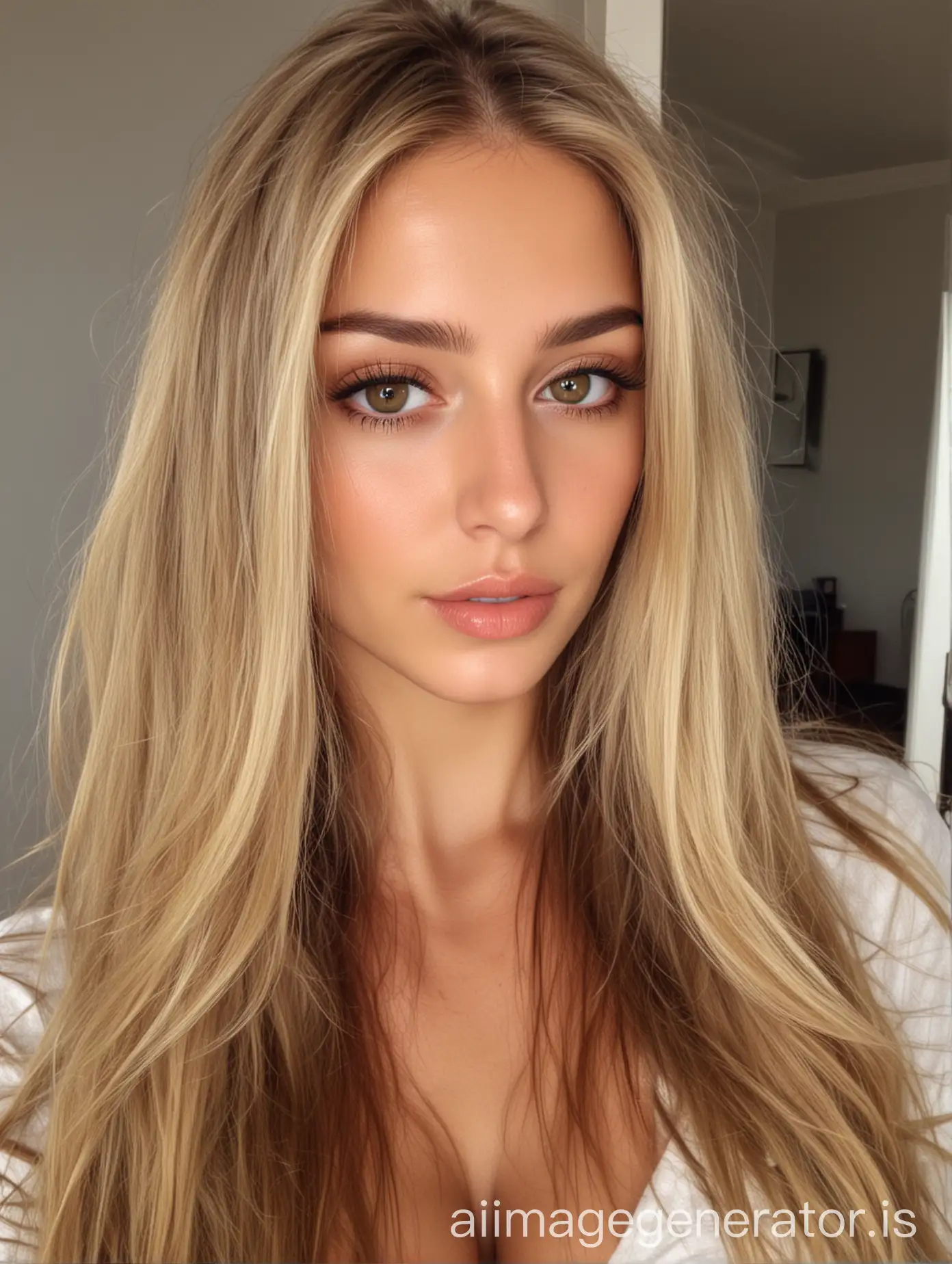 woman, 28 years old, blonde long hair, hazel eyes, supermodel, beautiful face, long hair, thick hair , mirror selfie, instagram model, seductive, perfect face