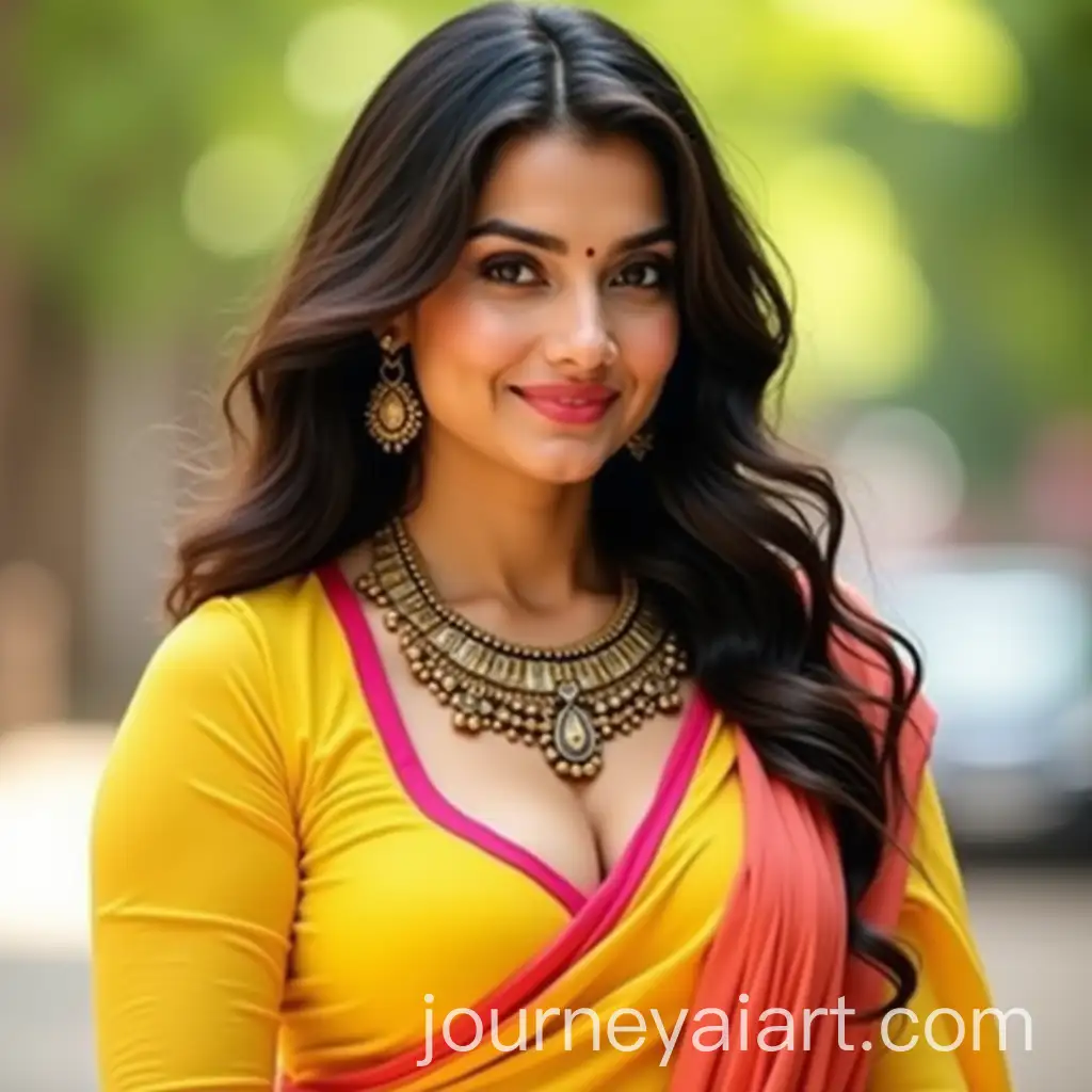 Young-Woman-in-Yellow-Blouse-and-Saree-Smiling-Outdoors