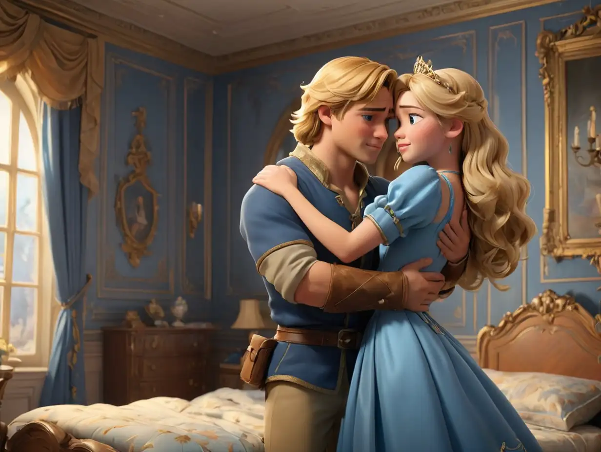 Wide-angle view, side view of a golden-haired princess in a blue dress hugging a male hunter with heartfelt emotion, in a bedroom within the palace., 3d disney inspire