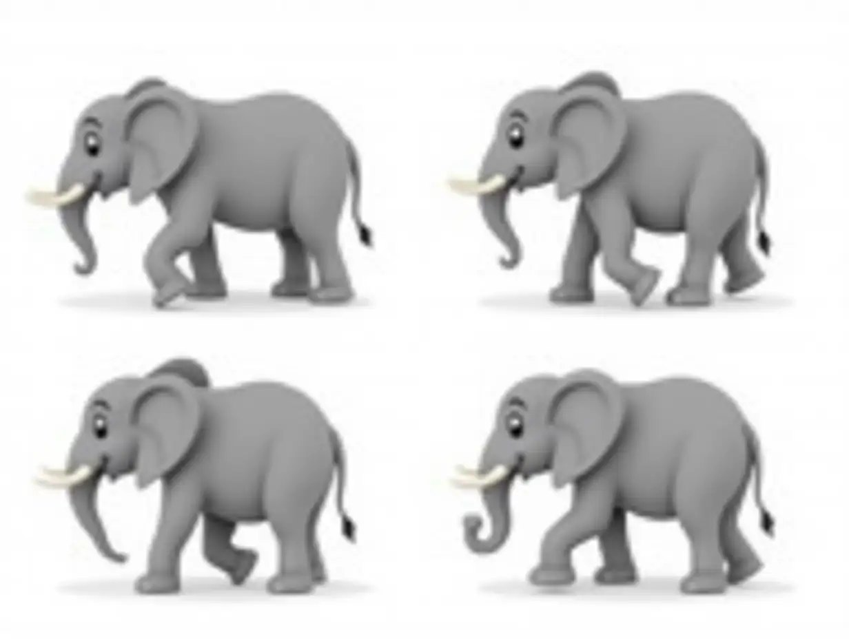 4K 2D animation with high detail with bold black lines. 2D looping cartoon animation of four Four images of an elephant walking in a circle, moving its legs smoothly while moving its head slightly to the left and right. The animation consists of four consistent frames that show natural movement. The image features bold black lines, vibrant colors, and a glossy finish. The background is white for easy editing and removal.