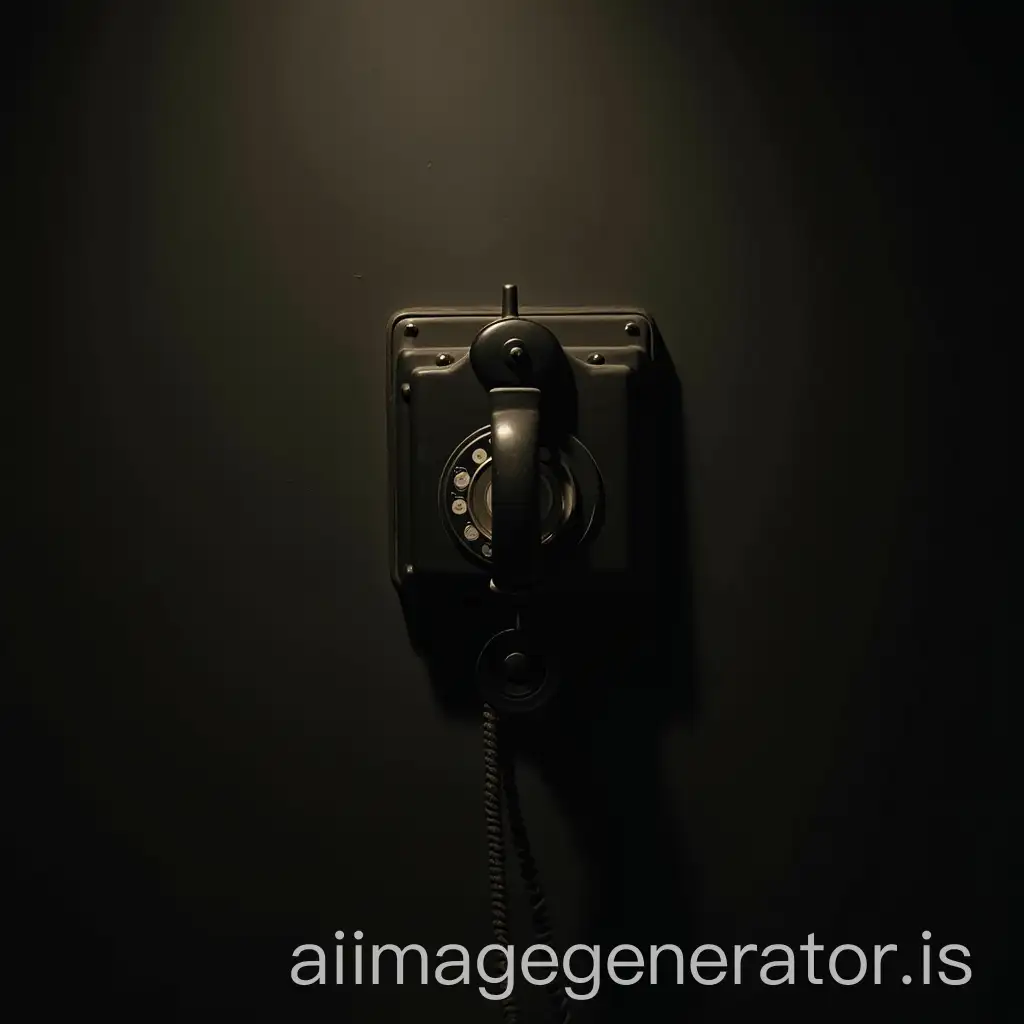 An old phone hanging on the wall in the darkness