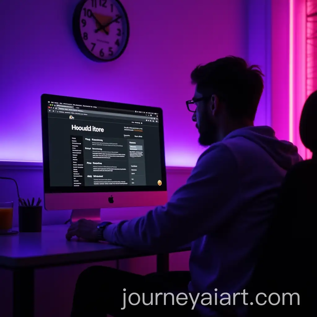 Person-Engrossed-in-Computer-Work-Amidst-Purple-Neon-Ambiance