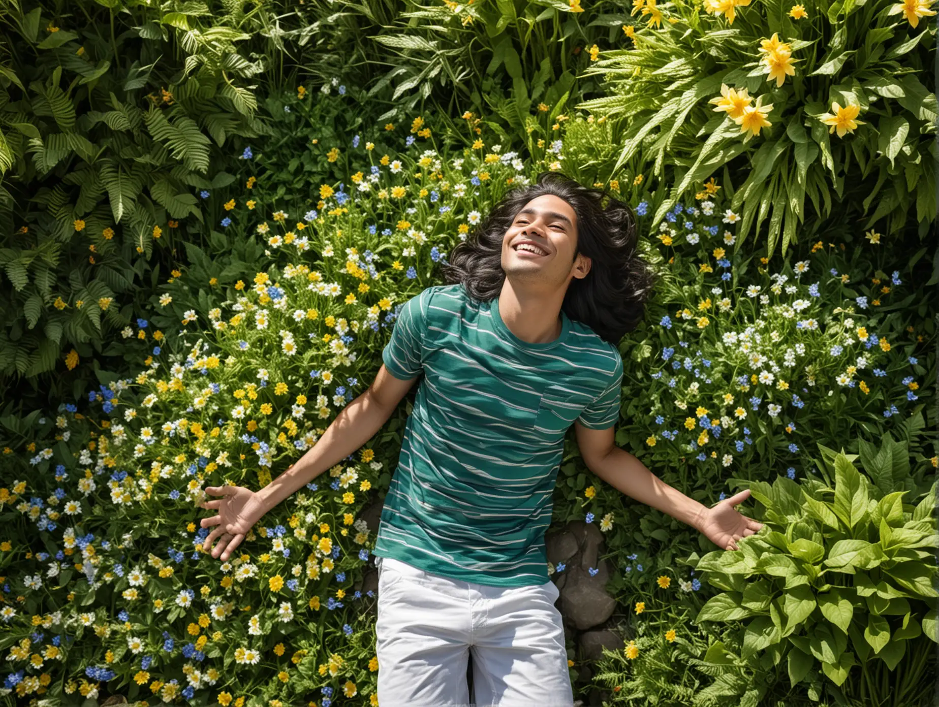 Photo 48K shows a young man with long black hair, looking up and smiling, while resting in the park. He is wearing a neon green and blue striped shirt and white shorts, with his hands spread out beside his body, as if enjoying the fresh air. The park around him is full of green plants and colorful flowers, creating a bright and natural atmosphere. The soft sunlight illuminates the scene, adding to the calm and peaceful feeling. The view from above shows the man surrounded by well-maintained beauty of the garden.