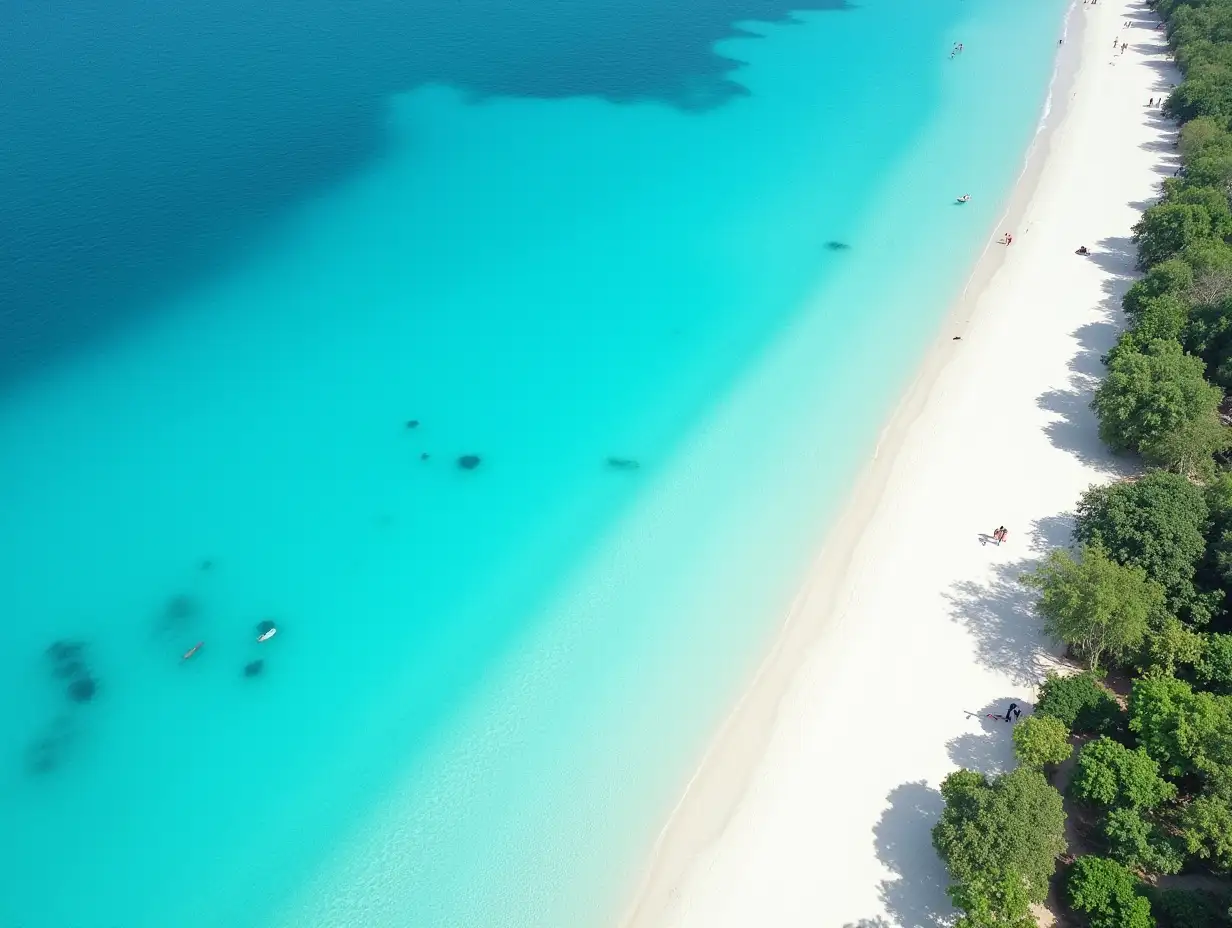 Aerial-View-of-Turquoise-Waters-and-White-Sands-at-Tanjung-AAN-Beach