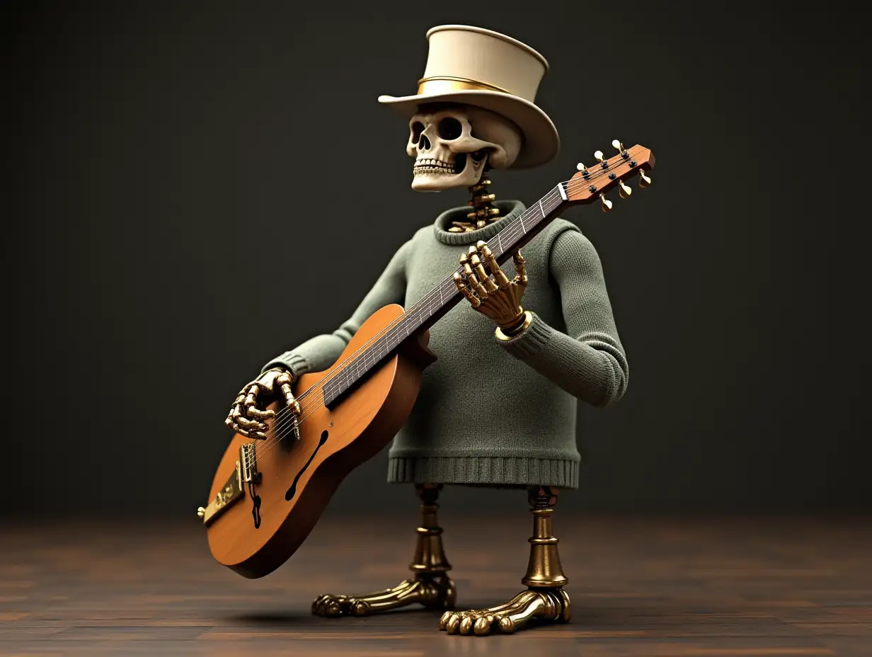 Create a high-resolution, realistic image of a robot with a skeleton body, golden porcelain hands and head, a sweater, a Steampunk top hat, and a contrabass on the floor in 4K resolution (Steampunk 8K quality)