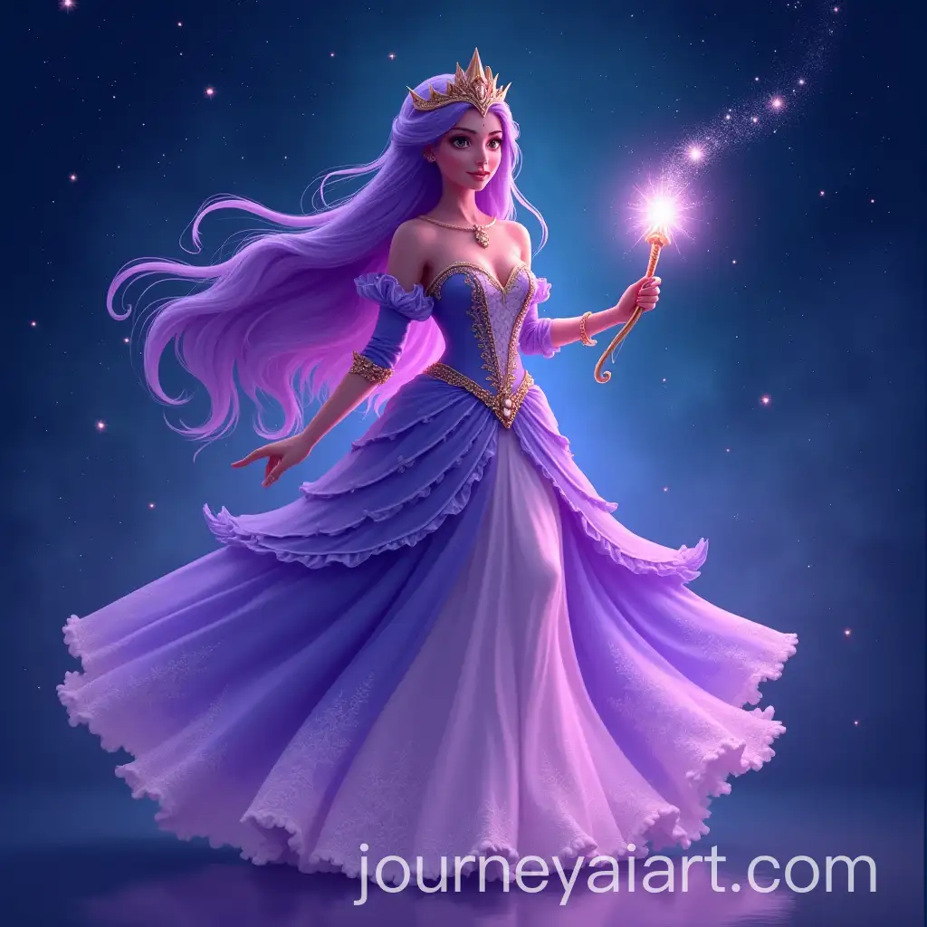 Magical-Princess-with-Long-Purple-Hair-and-Glowing-Wand-in-Fairy-Tale-Dress-under-Starry-Sky