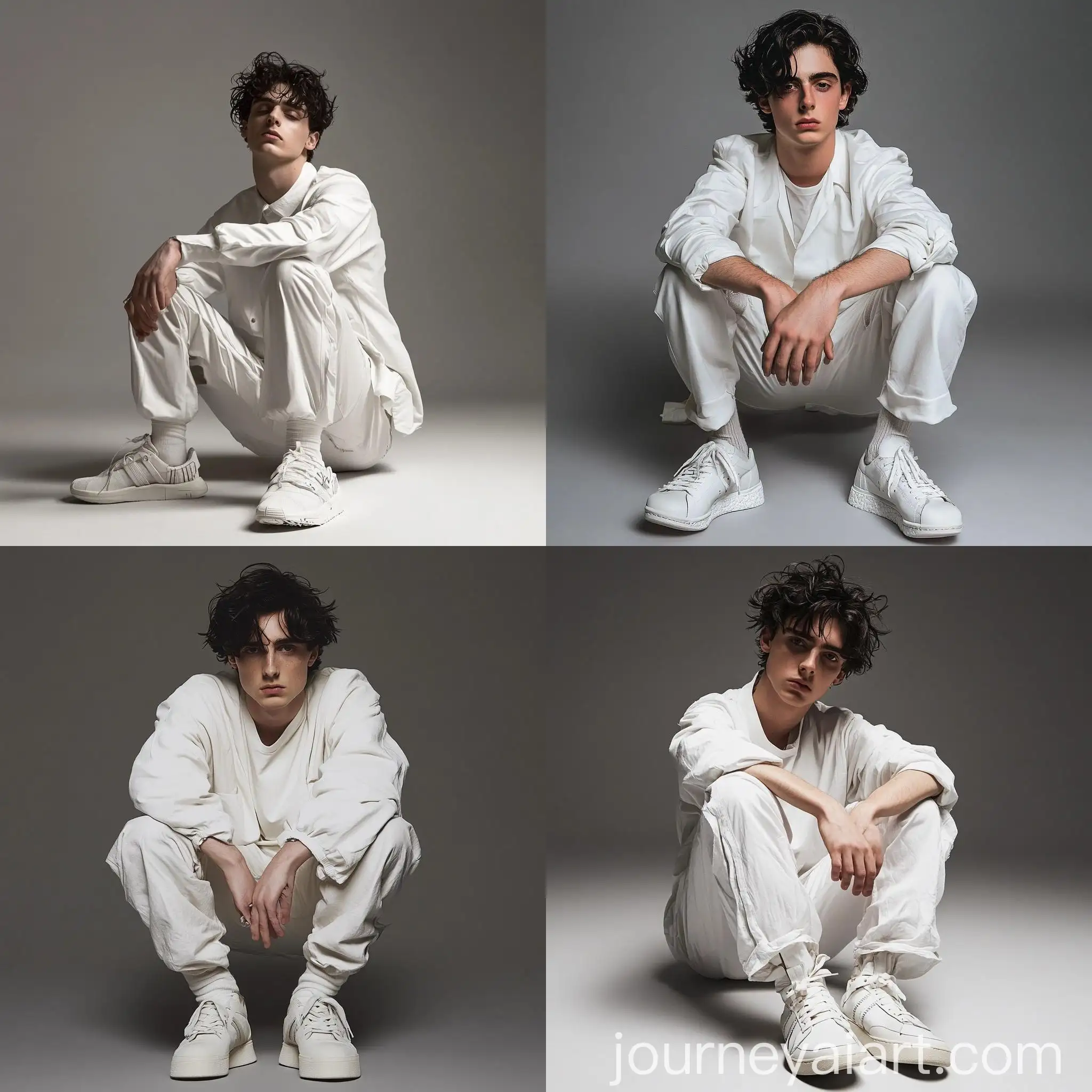 Timothe-Chalamet-Modeling-in-White-Shirt-and-Pants-Grey-Studio-Background