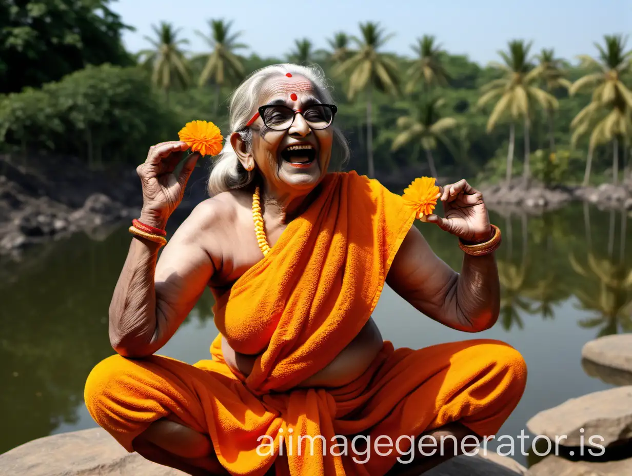 Elderly-Indian-Woman-Laughing-with-Flower-Garlands-on-Sunny-Pond-Shore