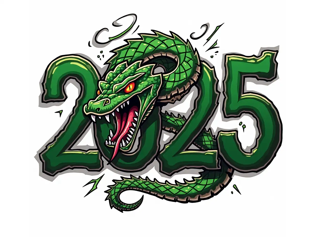 A tattoo design of a fierce green snake coiled around the numbers '2025', with intricate scale details and shaded numbers for a metallic effect. Set against a simple white background, the design features sharp lines, high contrast, black and gray shading for depth, vivid color highlights, in a tattoo style with HD quality and dynamic composition.