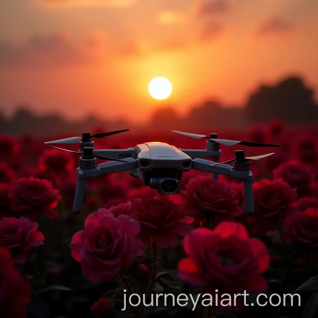 Aerial-View-of-Rose-Field-with-Sunset-Background