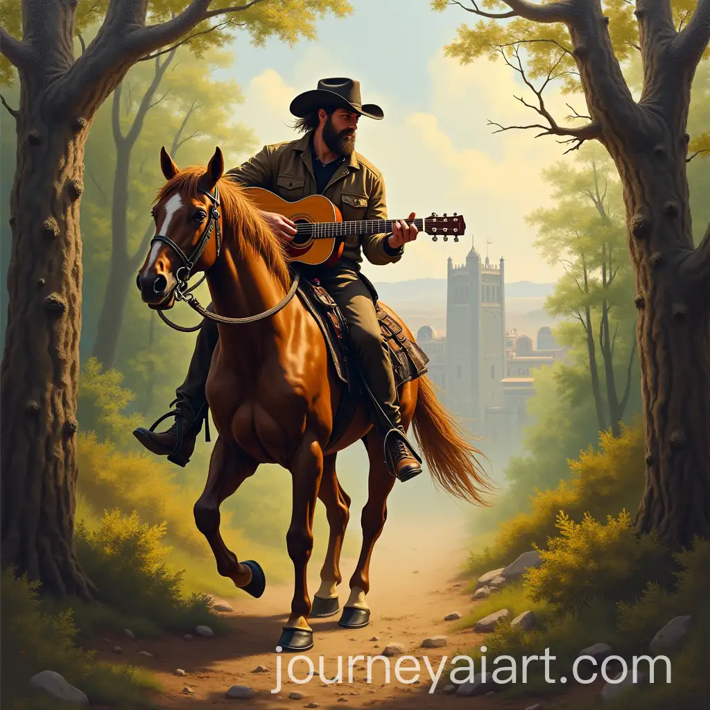 Cowboy-Guitarist-Riding-Horse-from-Forest-to-City-Painting-Scene