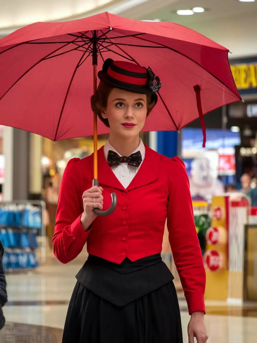 Mary Poppins nanny with umbrella in red t-shirt, with red umbrella in the background shopping center inside