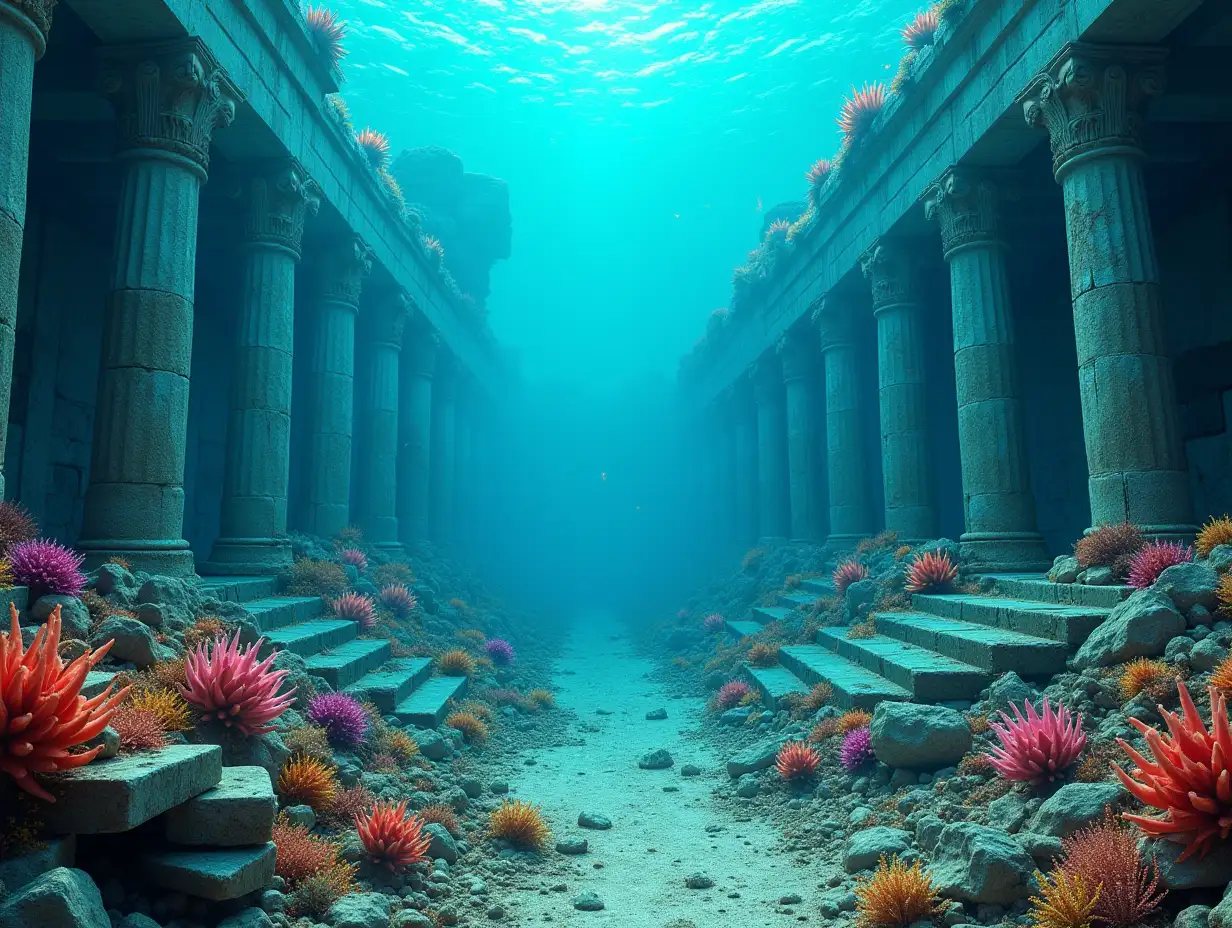 debris of a futuristic underwater world, colorful, alien creatures, Greek columns, statues, surreal realistic, high definition!