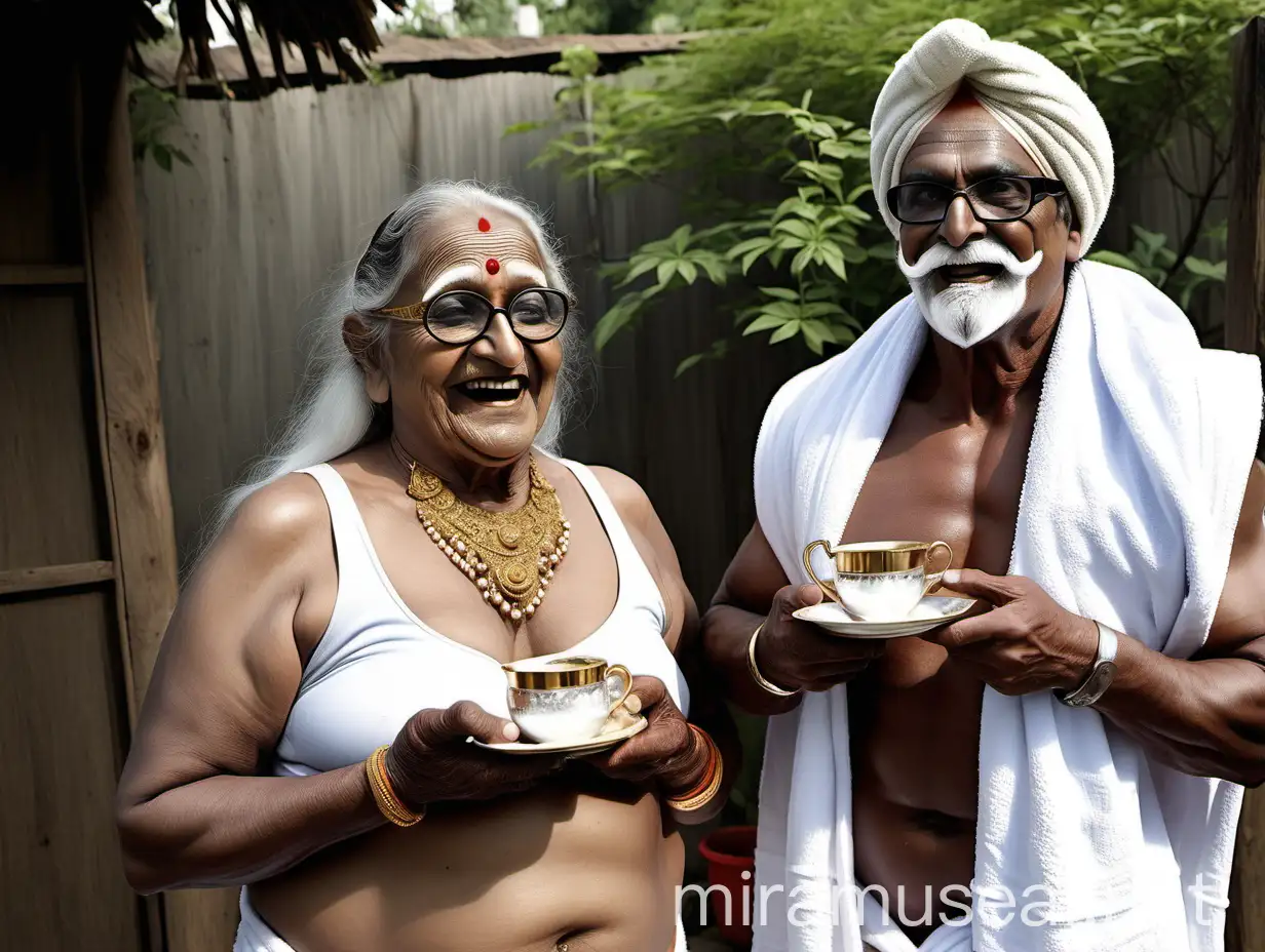 Indian Bodybuilder and Elderly Woman Enjoying Tea and Mutton Curry Outdoors