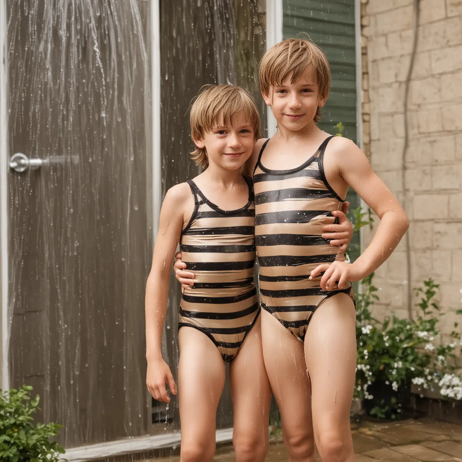 Two-Boys-Playing-with-Hose-in-Sheer-Striped-Leotards-Outside-House