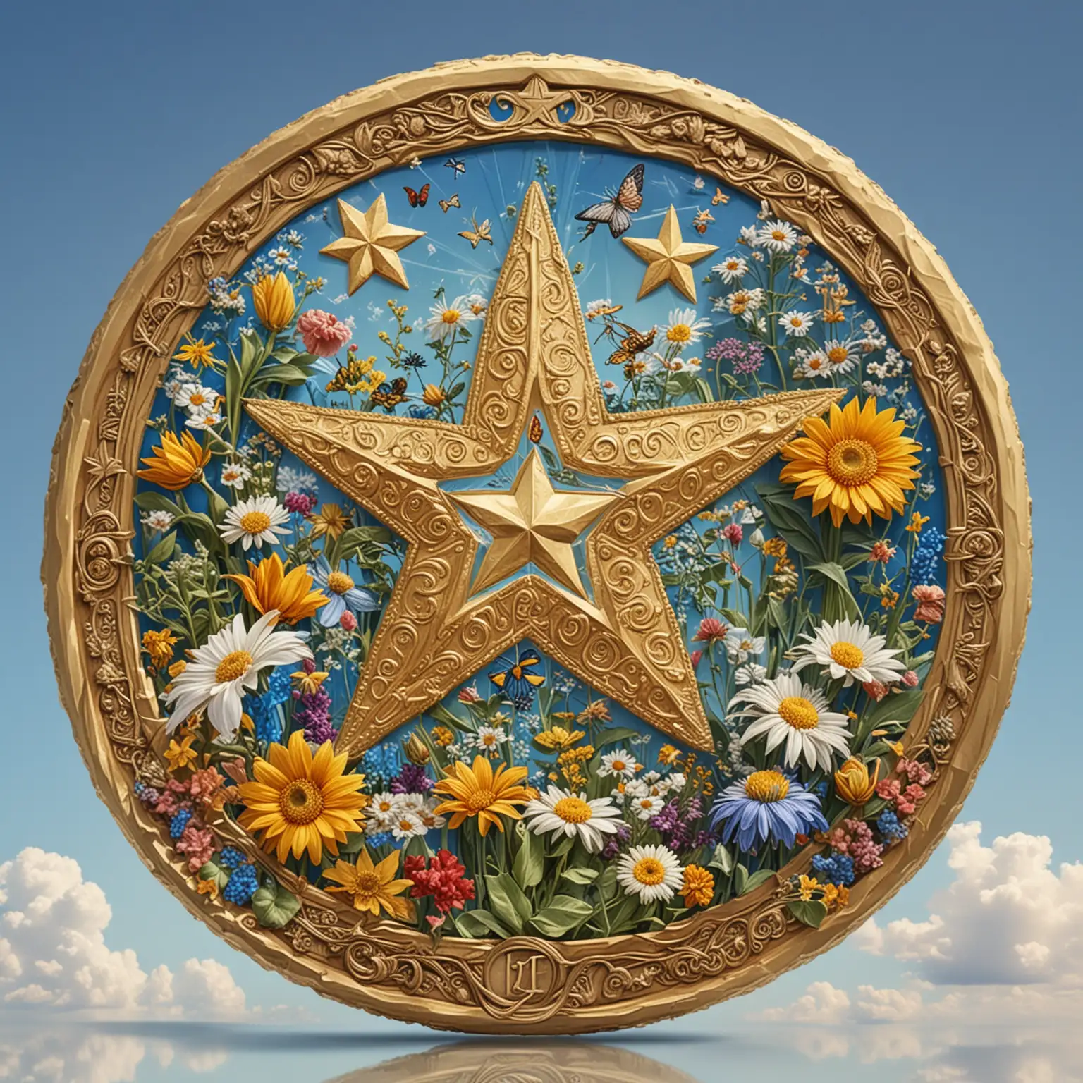 Big golden coin - Ace of Pentacles, in the center of the coin is a star, around it an abundant garden, harvest and flowers, butterflies and dragonflies are flying, clear and blue sky. Format 9×16