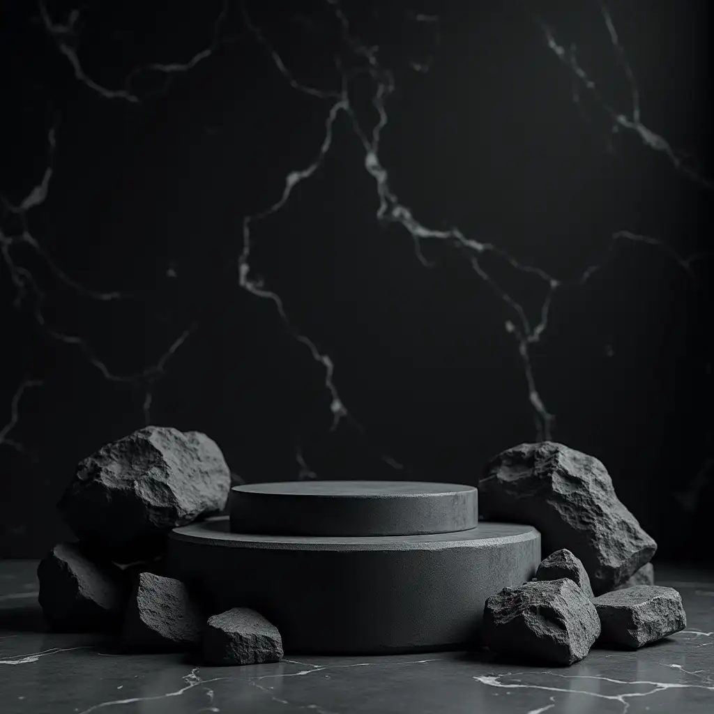 A minimalist, dark-gray rock and stone display podium scene with a black-toned marble background and multiple dark gray rock formations surrounding a stack of two dark gray, circular podiums of different sizes, rendered in photorealistic hyperrealistic style with a smooth texture and detailed rock formations.