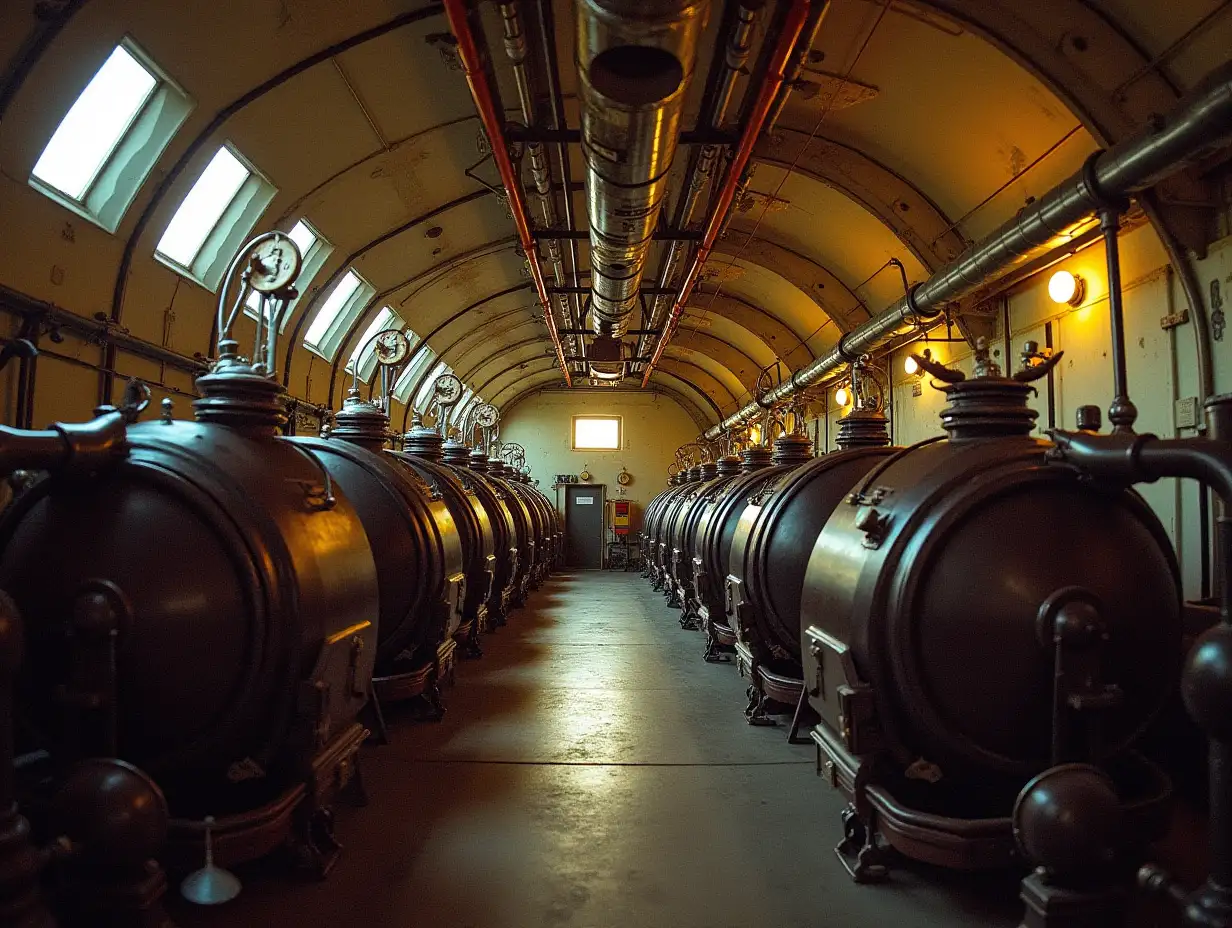 panorama of an engine boiler room of a 1935 zeppelin dirigible