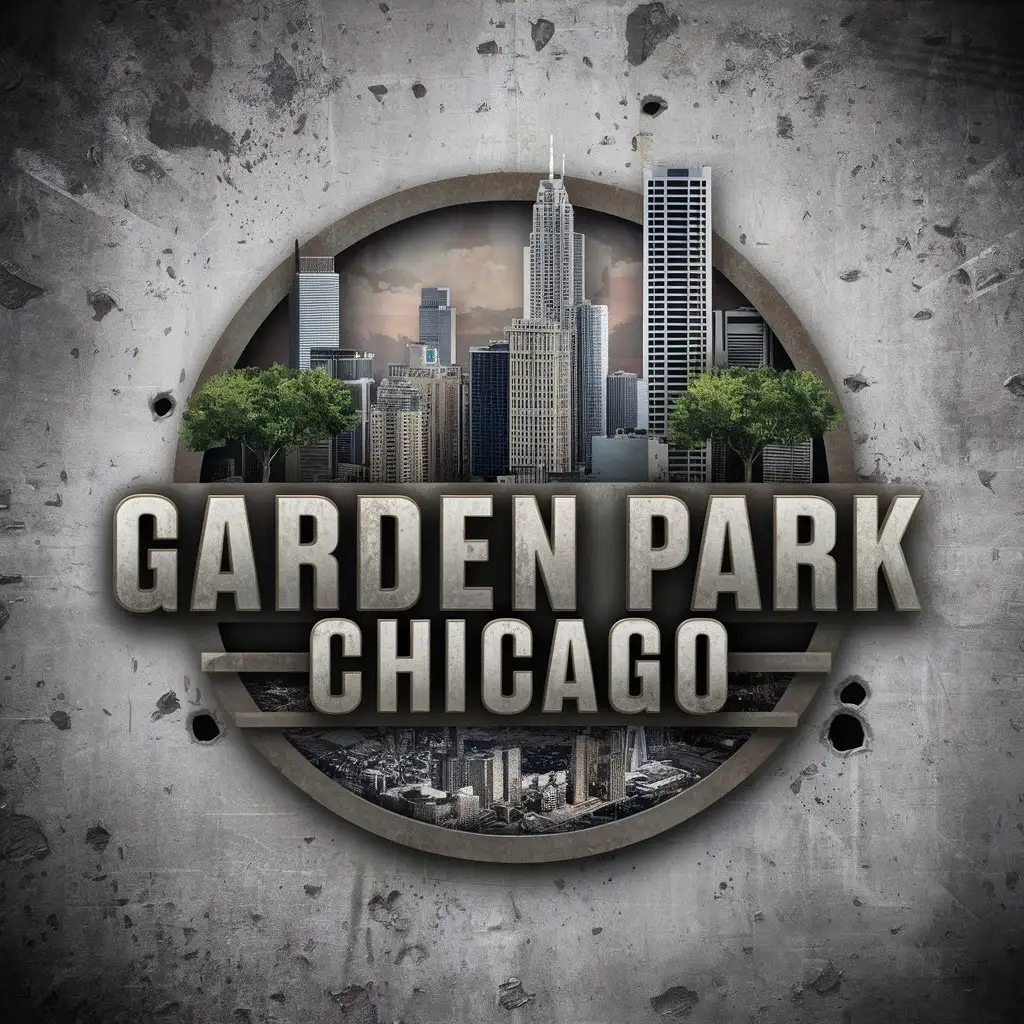 LOGO Design For Garden Park Chicago Concrete Urban Landscape with Chicago Skyline and Trees