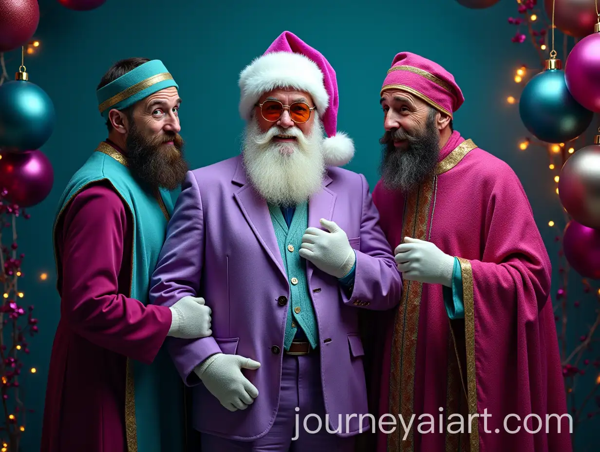 Stylized-Santa-Claus-and-Three-Magi-Kings-in-Vibrant-Festive-Setting