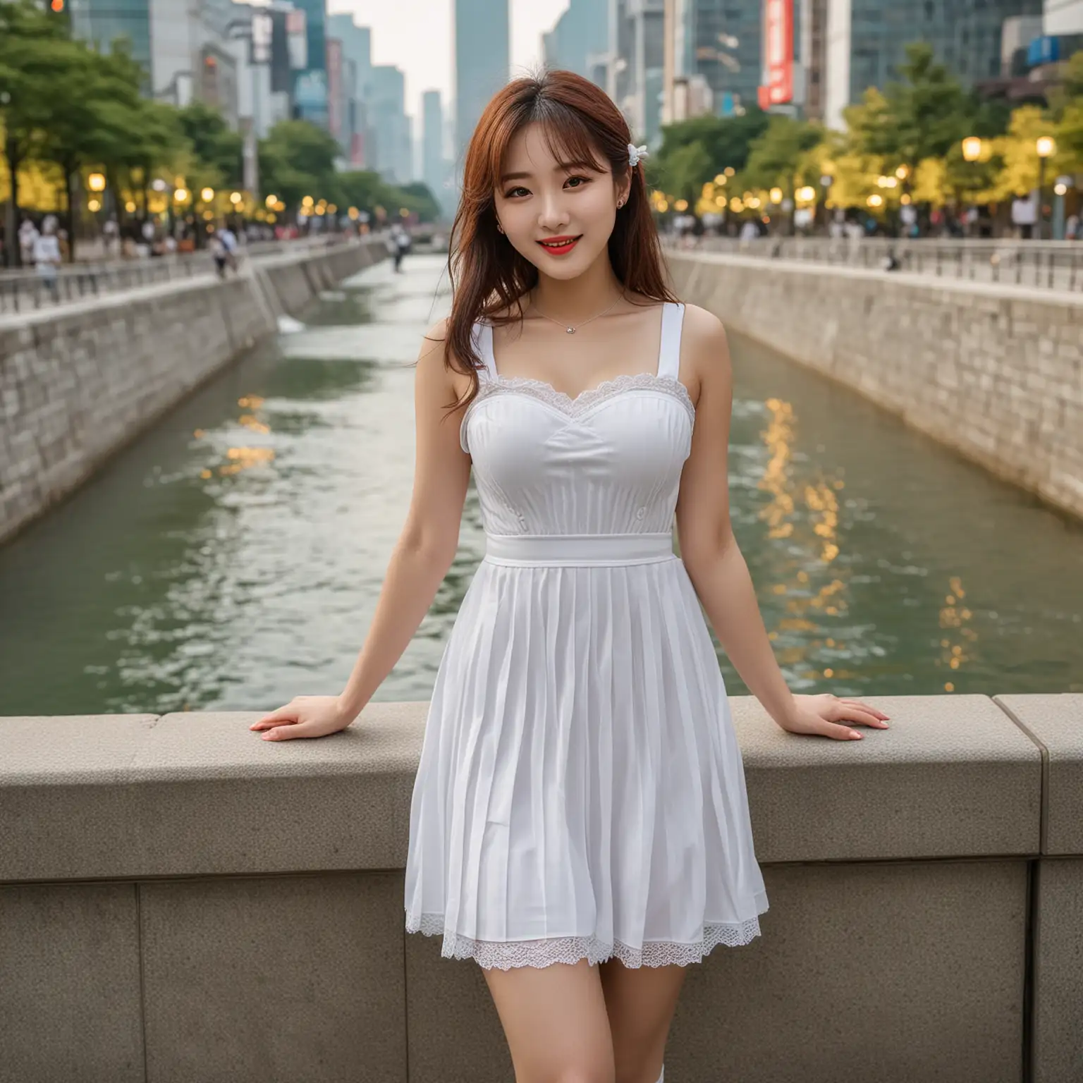 (Masterpiece, excellent quality, edgQuality),(smiling:0.85),1Korean girl posing for a full-length photo, edgbodyl, Cheopji Meori Hairstyle realistic, with white tight dress,white stockings,(full-length portrait, focus on the breast), red lips, in Seoul in the Cheonggyecheon district, <lora:edgBodyLingerie1:0.8>
