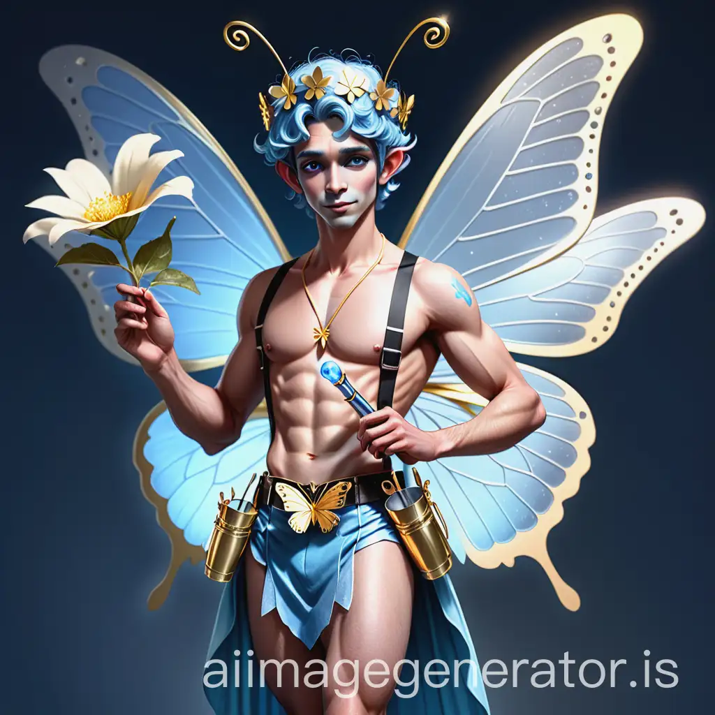 A gender-changing male fairy with butterfly wings, wearing a skirt and suspenders, with light blue skin, carrying a small shiny steel flute in a belt, also wearing a gold flower tiara