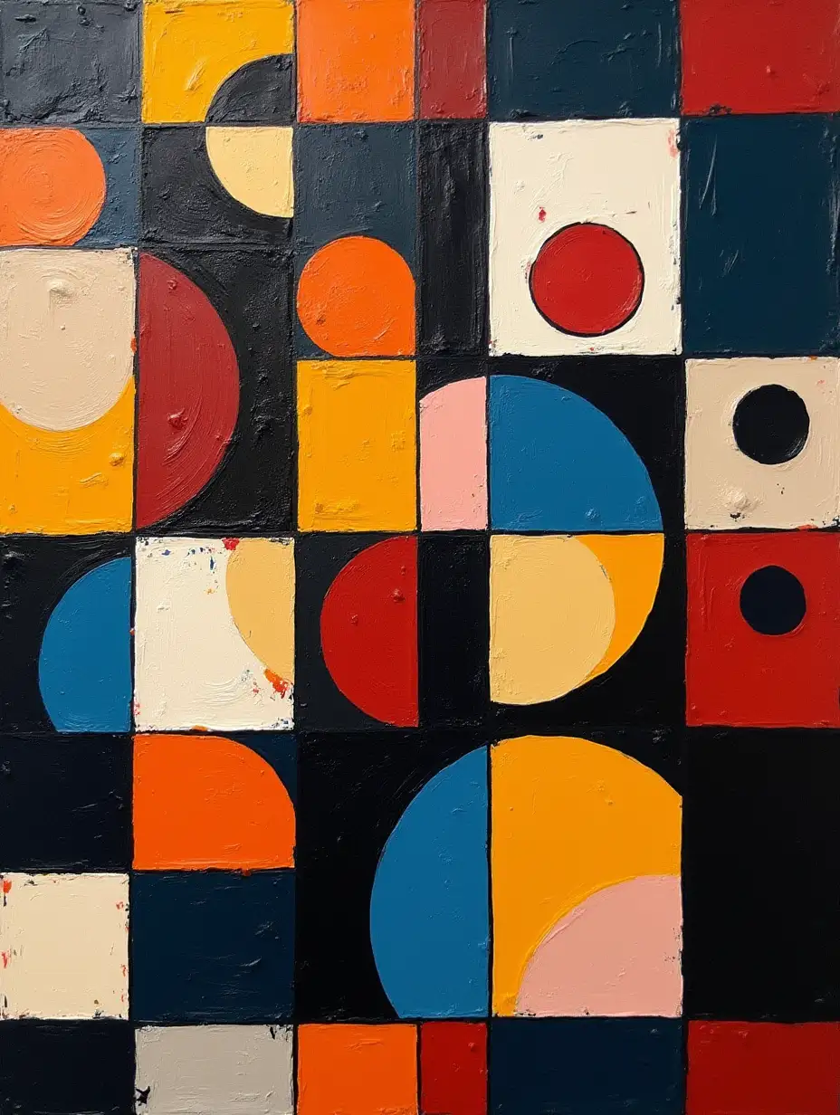 Checkpoint: A checkerboard pattern painting, striped, primitively schematic, minimalism, avant-garde, smile darkness in the style of Kandinsky, Malevich, minimalism, simplified for a beginner artist with acrylics many colors, constructivism abstractionism, gloomily