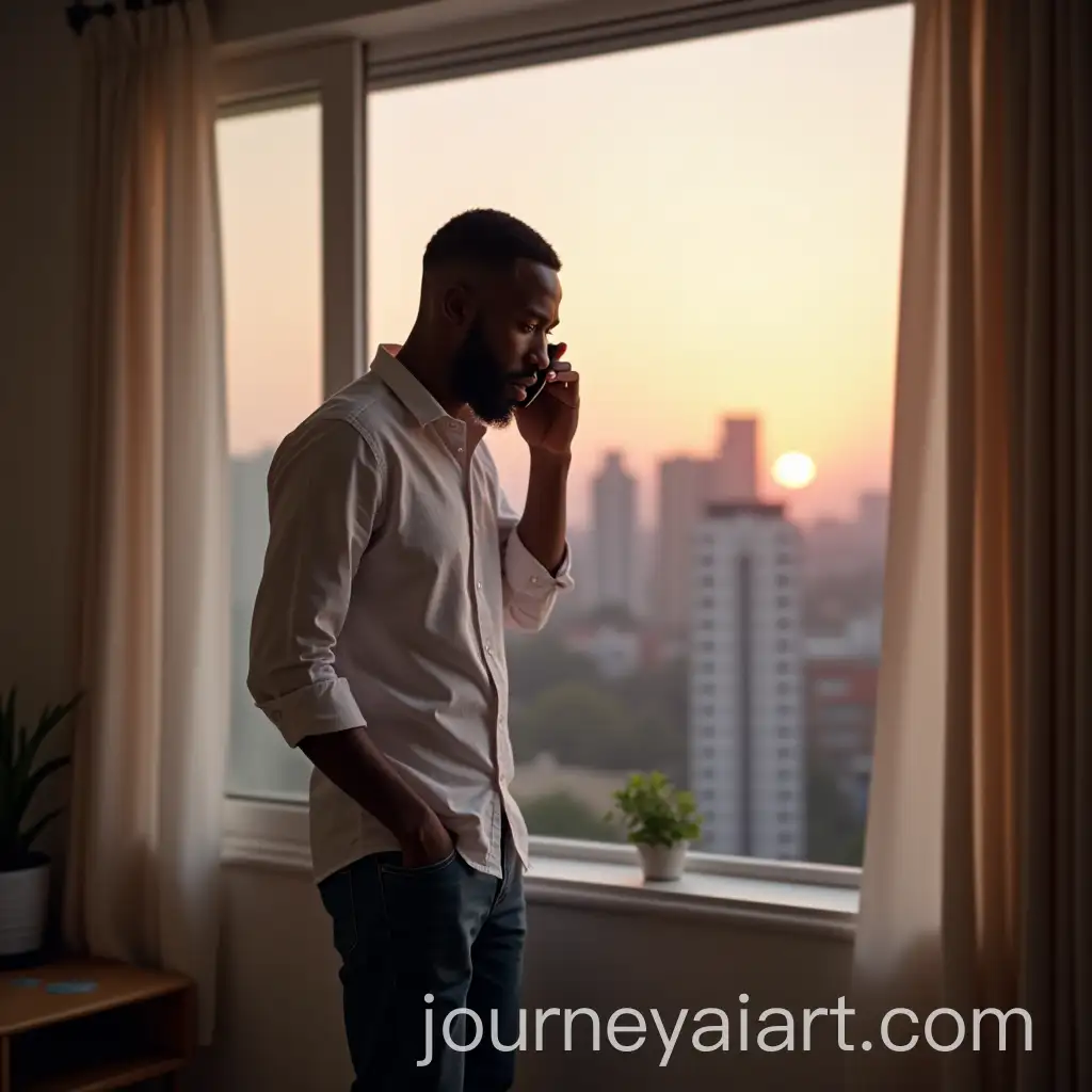 Young-African-Man-Reacting-to-Phone-Call-in-Urban-Apartment-at-Sunset