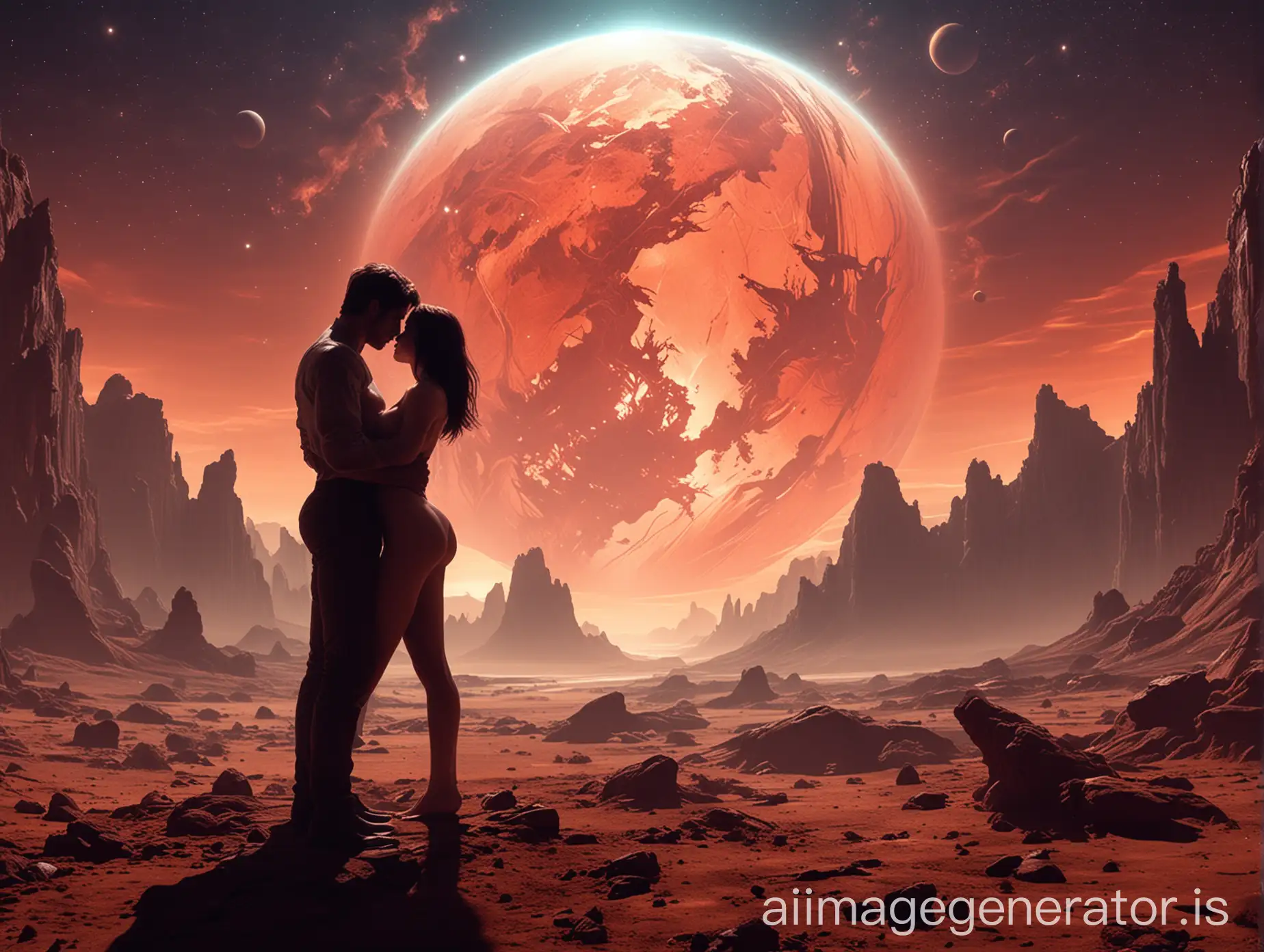 Create an image where on the background of a bright, fantastic planet with unusual landscapes and lighting effects, two silhouettes (a man and a woman) are engaged in intimate intimacy. The image should be completely devoid of naked bodies and faces, showing only their poses and gestures, such as intertwined bodies and expressed emotions through movements and accents, creating the feeling of an intense and intimate scene on another planet.