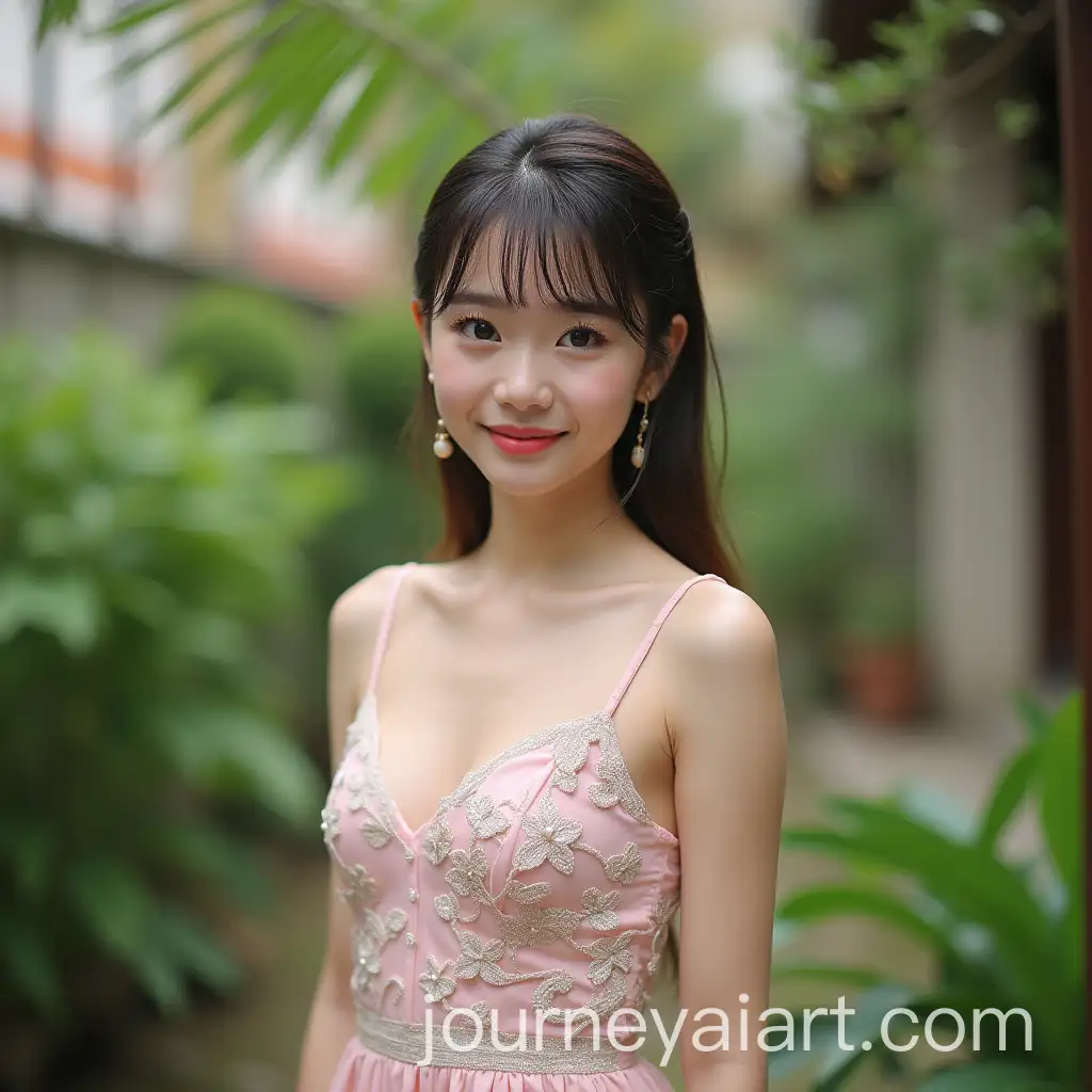 Cute-Asian-Girl-in-a-Garden-Wearing-a-Lovely-Dress