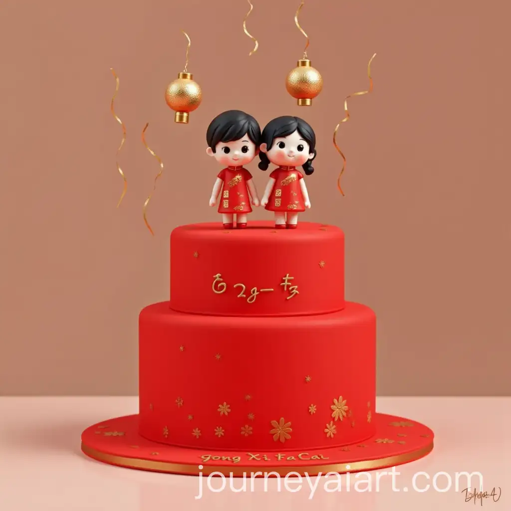 Minimalist-Chinese-New-Year-Cake-with-Gold-Lanterns-and-Cheongsam-Figures