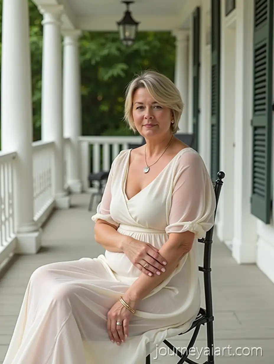 Mature-Plus-Size-Woman-Sitting-on-a-VerMature-plus-size-woman-verandaanda-in-Translucent-Dress