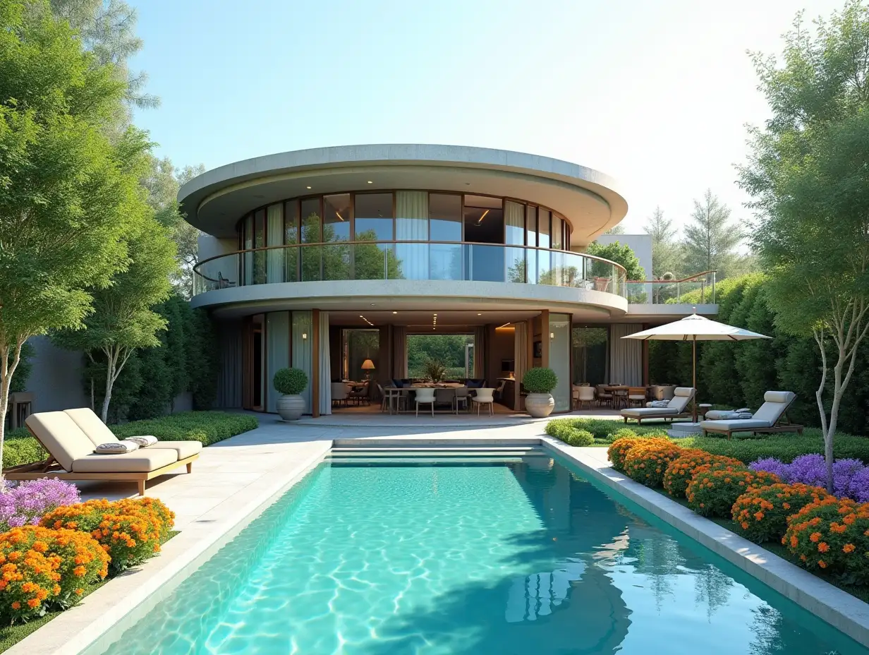 Create a house with a round roof, round window forms with a large garden and pool in a large house, colorful bushes