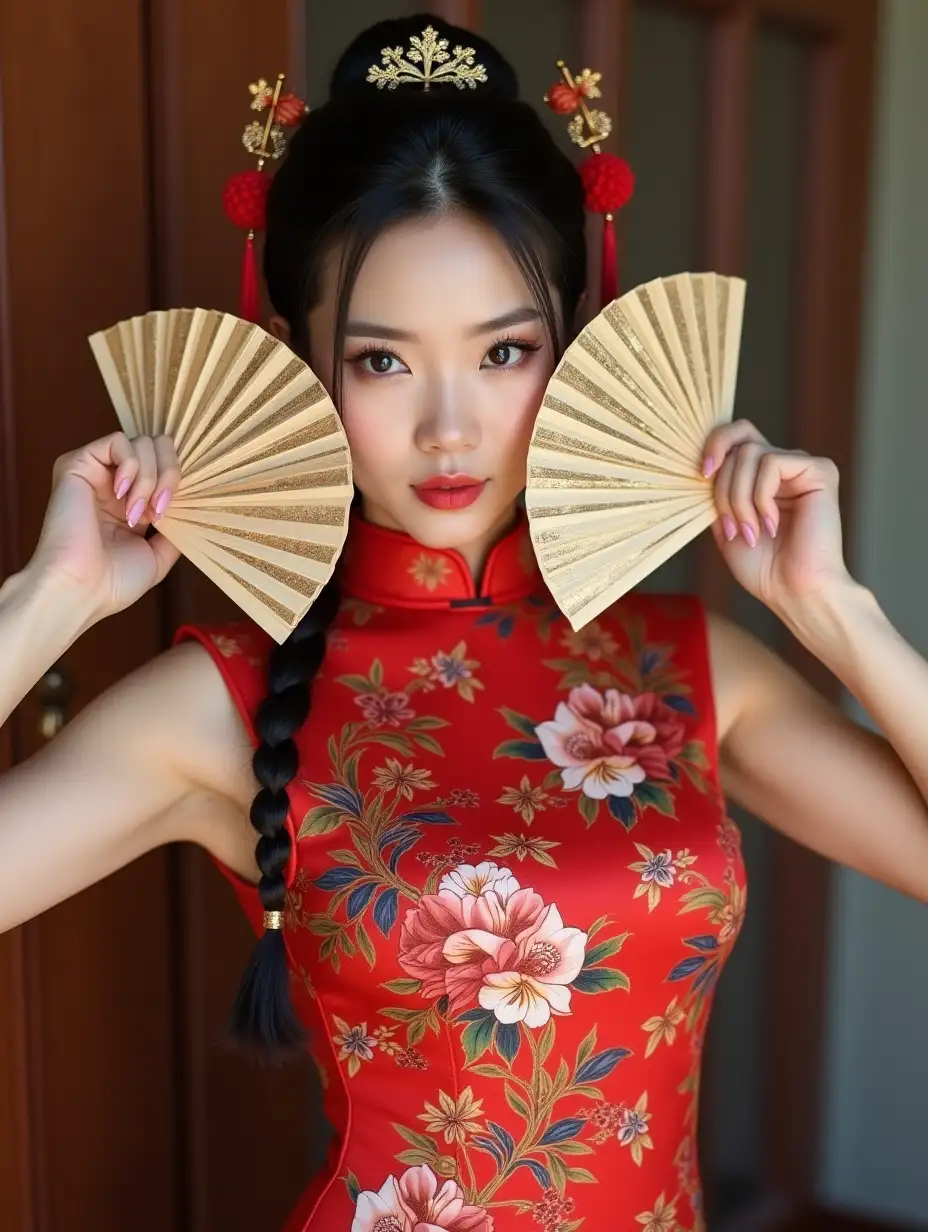 Woman-in-Qipao-with-Wedding-Braid-Posing-Playfully-with-Fans