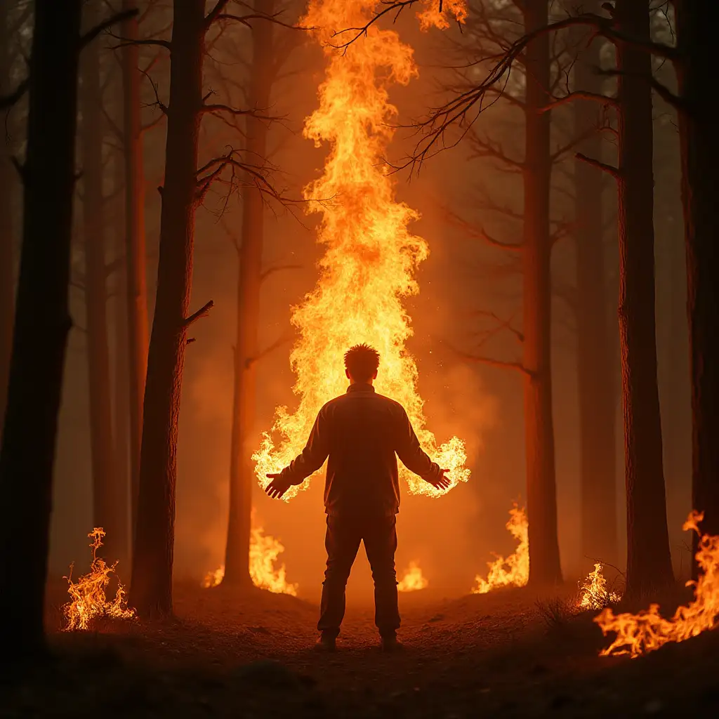 A vivid scene of a burning forest with Ethan at the center, his hands ablaze and fire spreading outward, consuming everything.