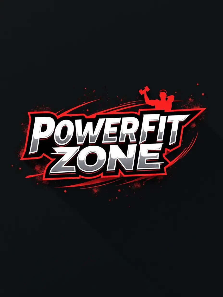 PowerFitZone, featuring strong, modern typography with a metallic silver and black color scheme, accented by vibrant red. The logo should include fitness-related elements such as a barbell, dumbbell, or flexing arm to symbolize strength and fitness. Add dynamic motion lines or energy effects to convey movement and power. The text 'PowerFit' should stand out prominently, with 'Zone' subtly integrated beneath it or beside it. The overall design should exude professionalism, energy, and motivation, appealing to fitness enthusiasts and gym-goers.